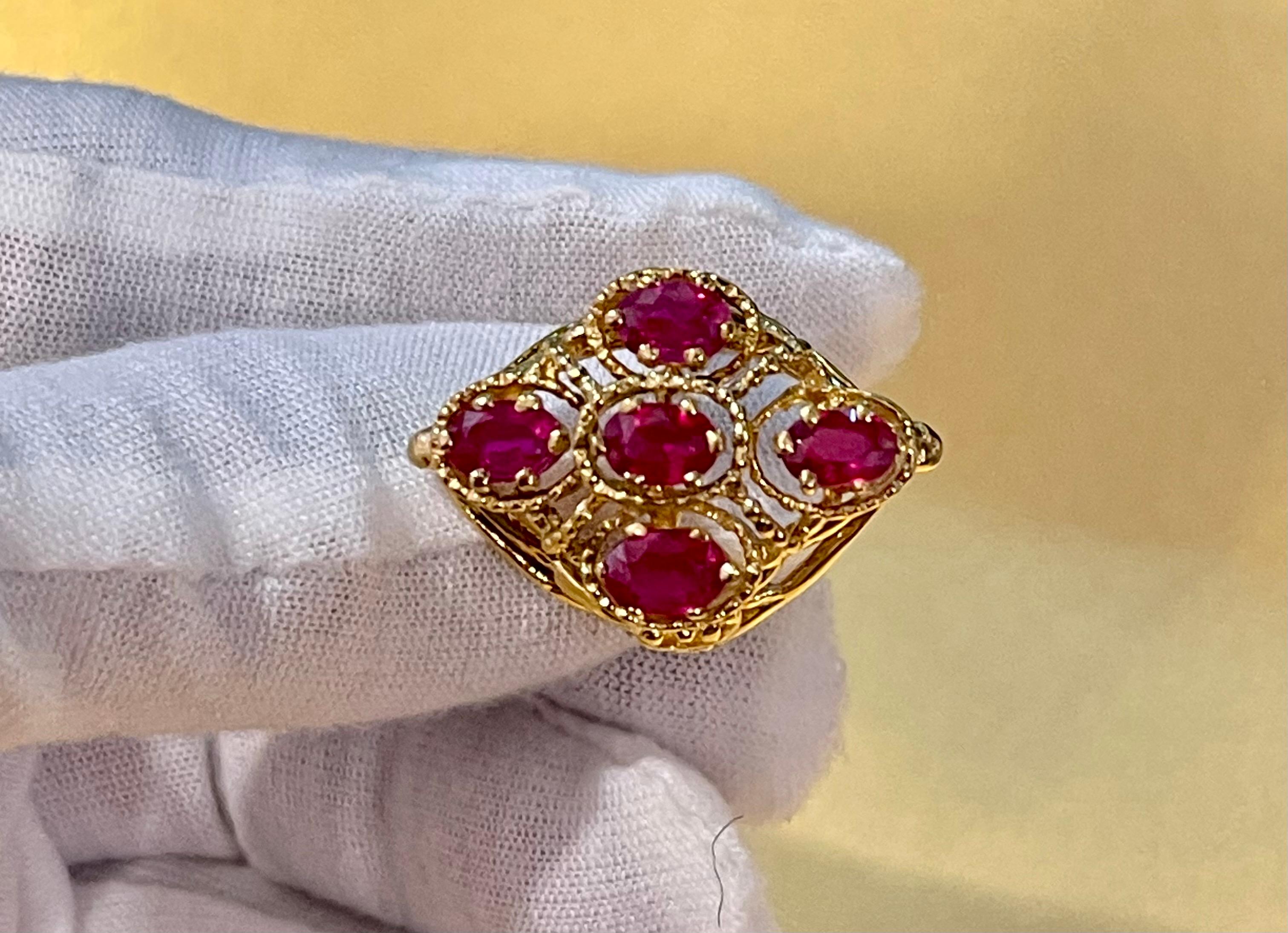 Oval Cut Treated Rubies 5 Ct 14 Karat Yellow Gold Flower Cocktail Ring For Sale 6