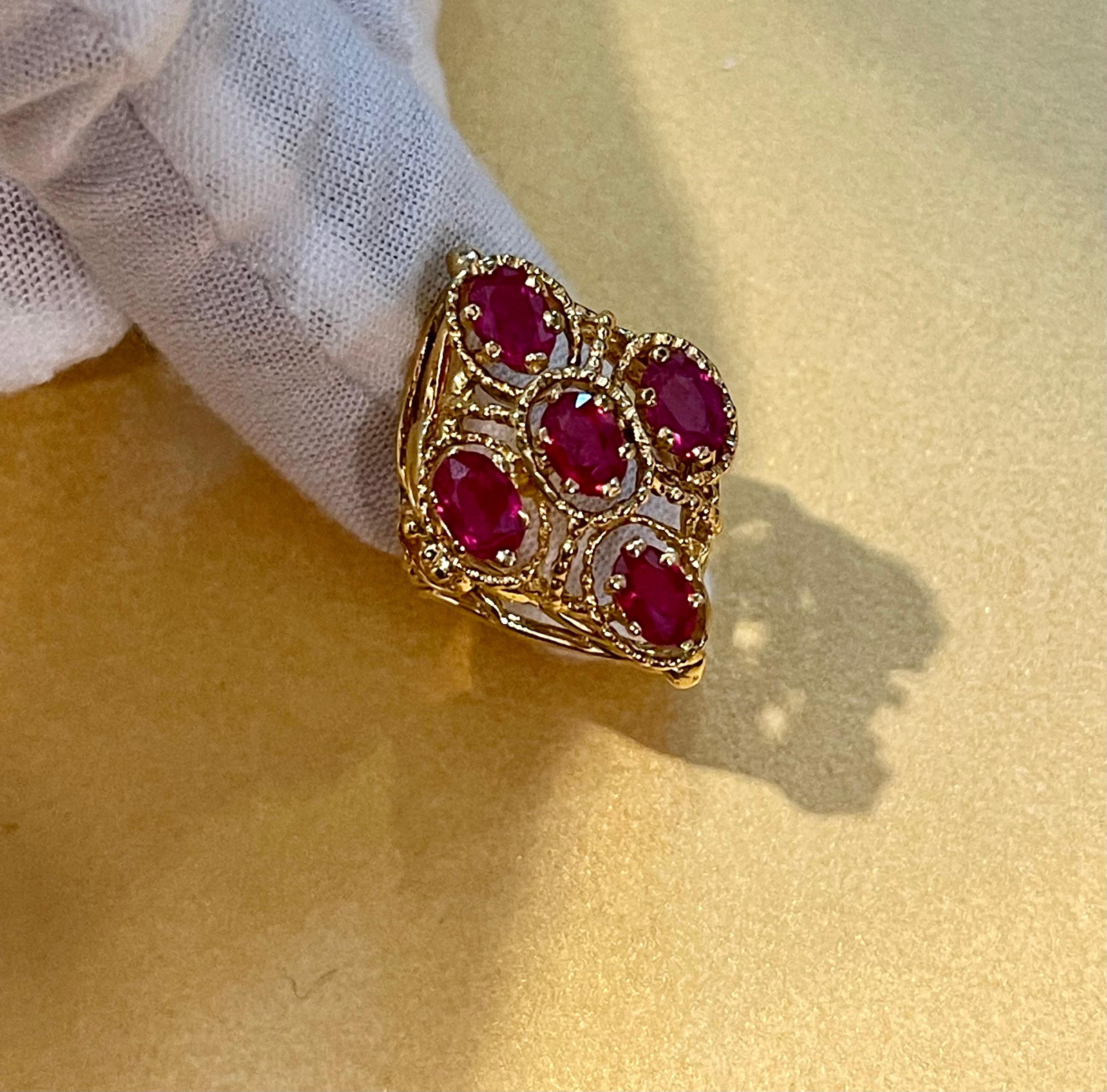 Oval Cut Treated Rubies 5 Ct 14 Karat Yellow Gold Flower Cocktail Ring For Sale 7