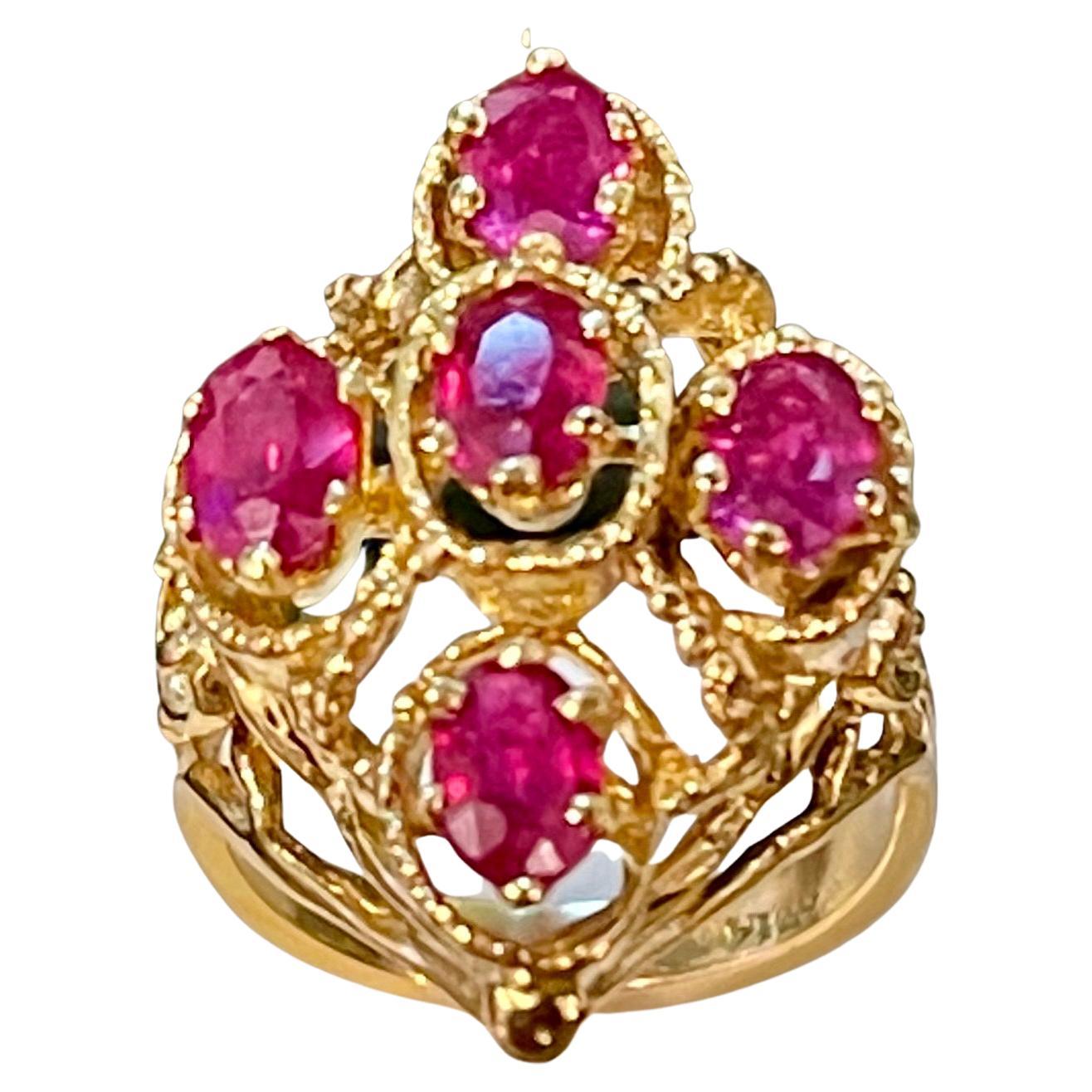 Women's Oval Cut Treated Rubies 5 Ct 14 Karat Yellow Gold Flower Cocktail Ring For Sale