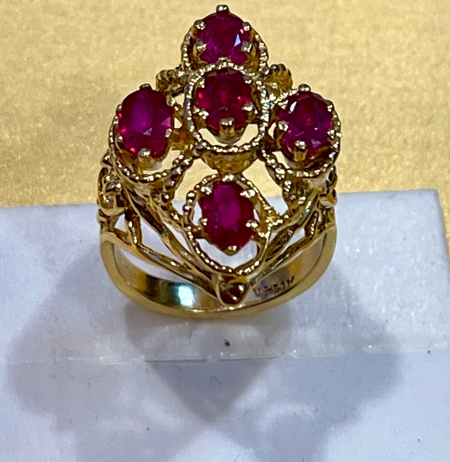 Oval Cut Treated Rubies 5 Ct 14 Karat Yellow Gold Flower Cocktail Ring For Sale 1