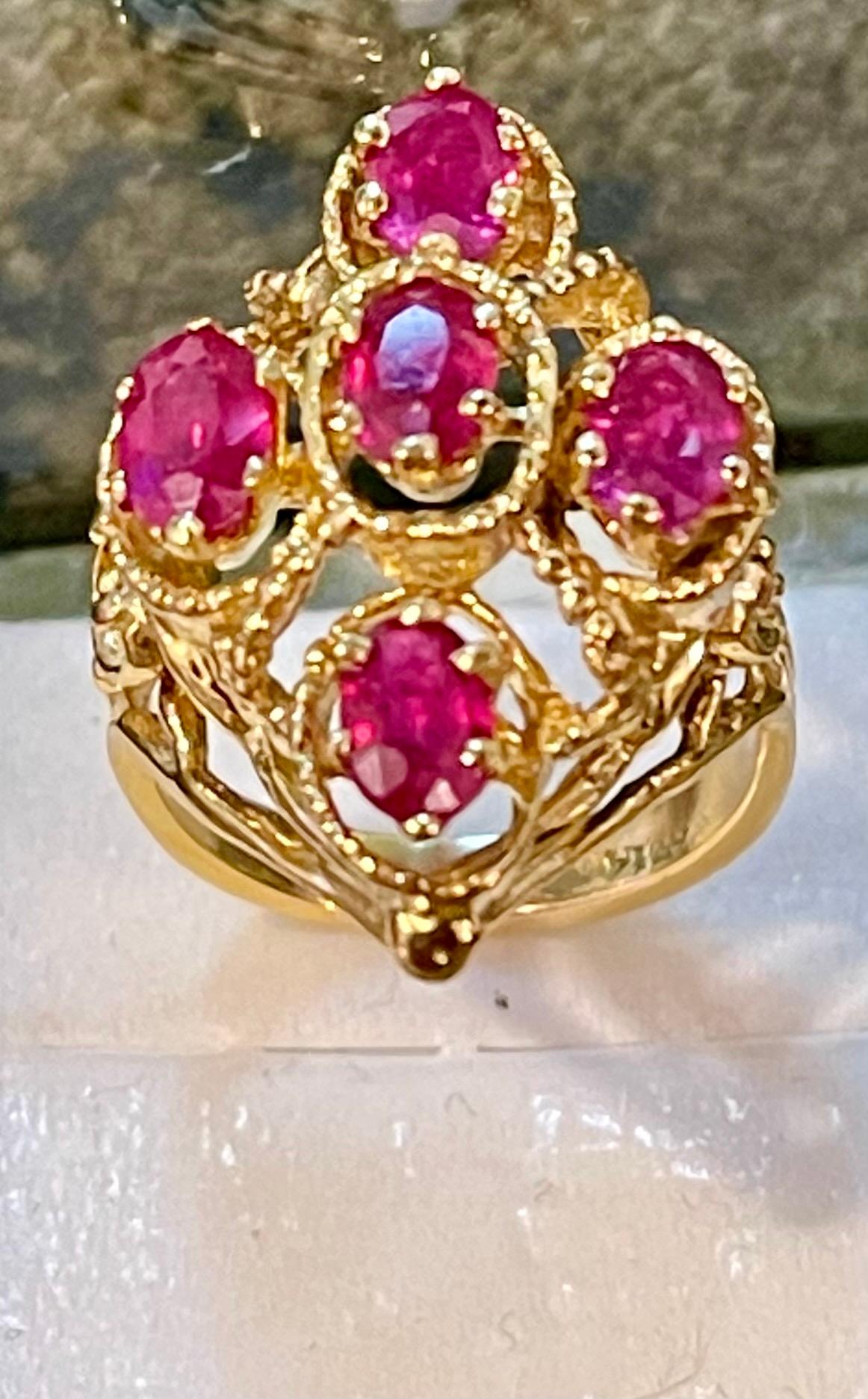 Oval Cut Treated Rubies 5 Ct 14 Karat Yellow Gold Flower Cocktail Ring For Sale 2