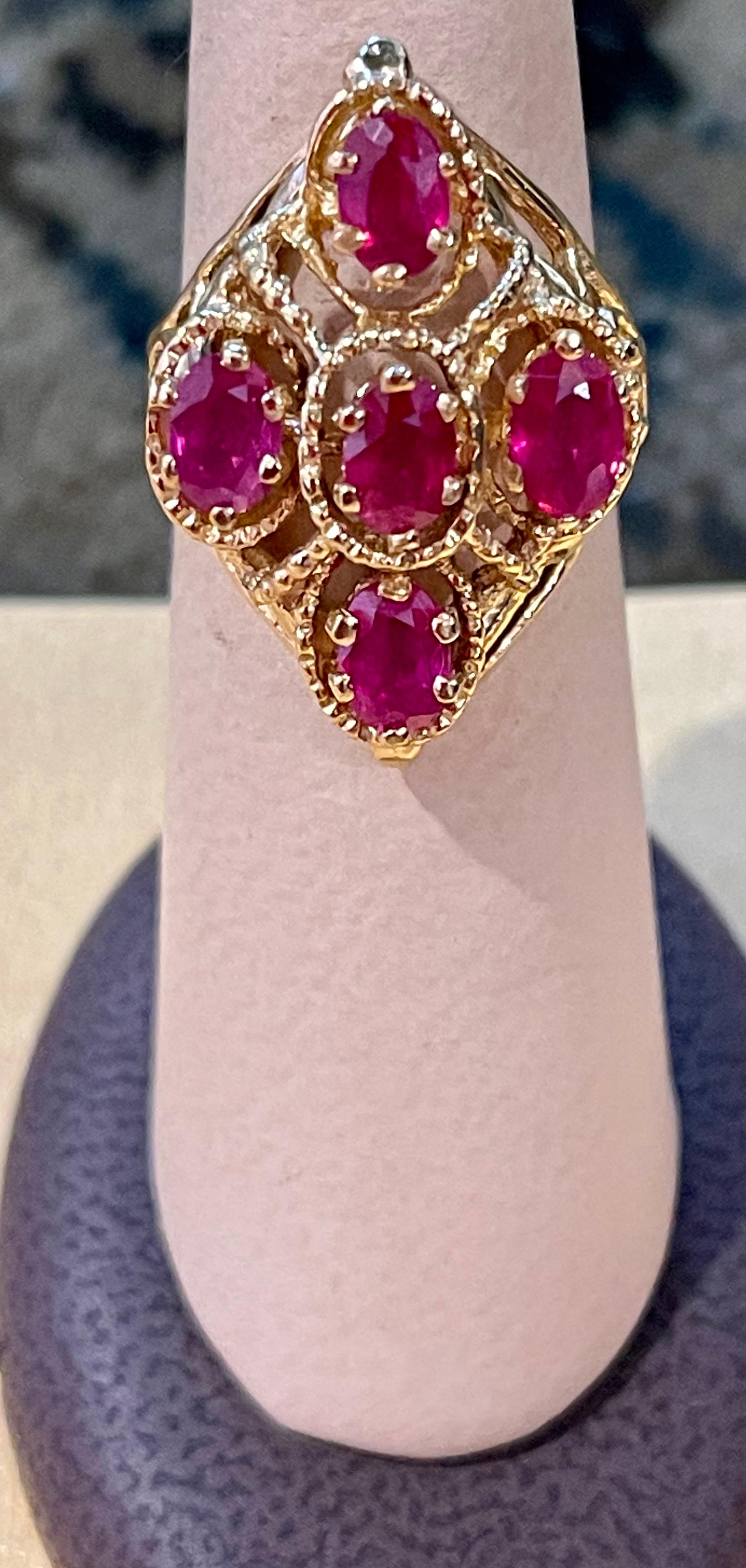 Oval Cut Treated Rubies 5 Ct 14 Karat Yellow Gold Flower Cocktail Ring For Sale 3
