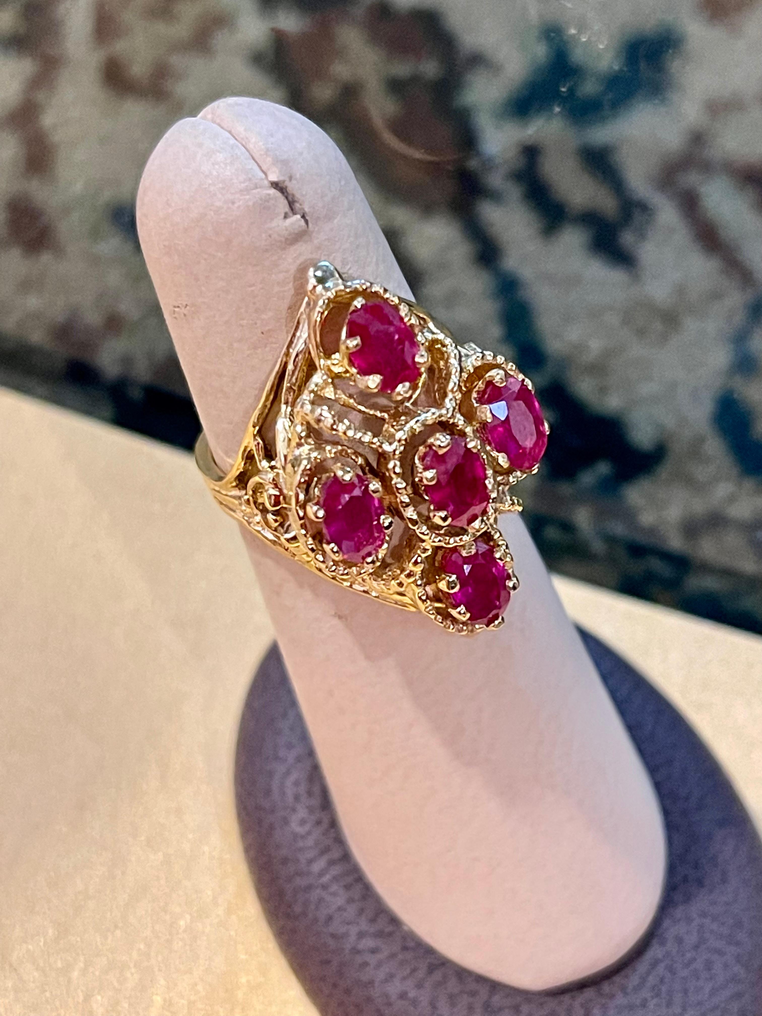 Oval Cut Treated Rubies 5 Ct 14 Karat Yellow Gold Flower Cocktail Ring For Sale 4