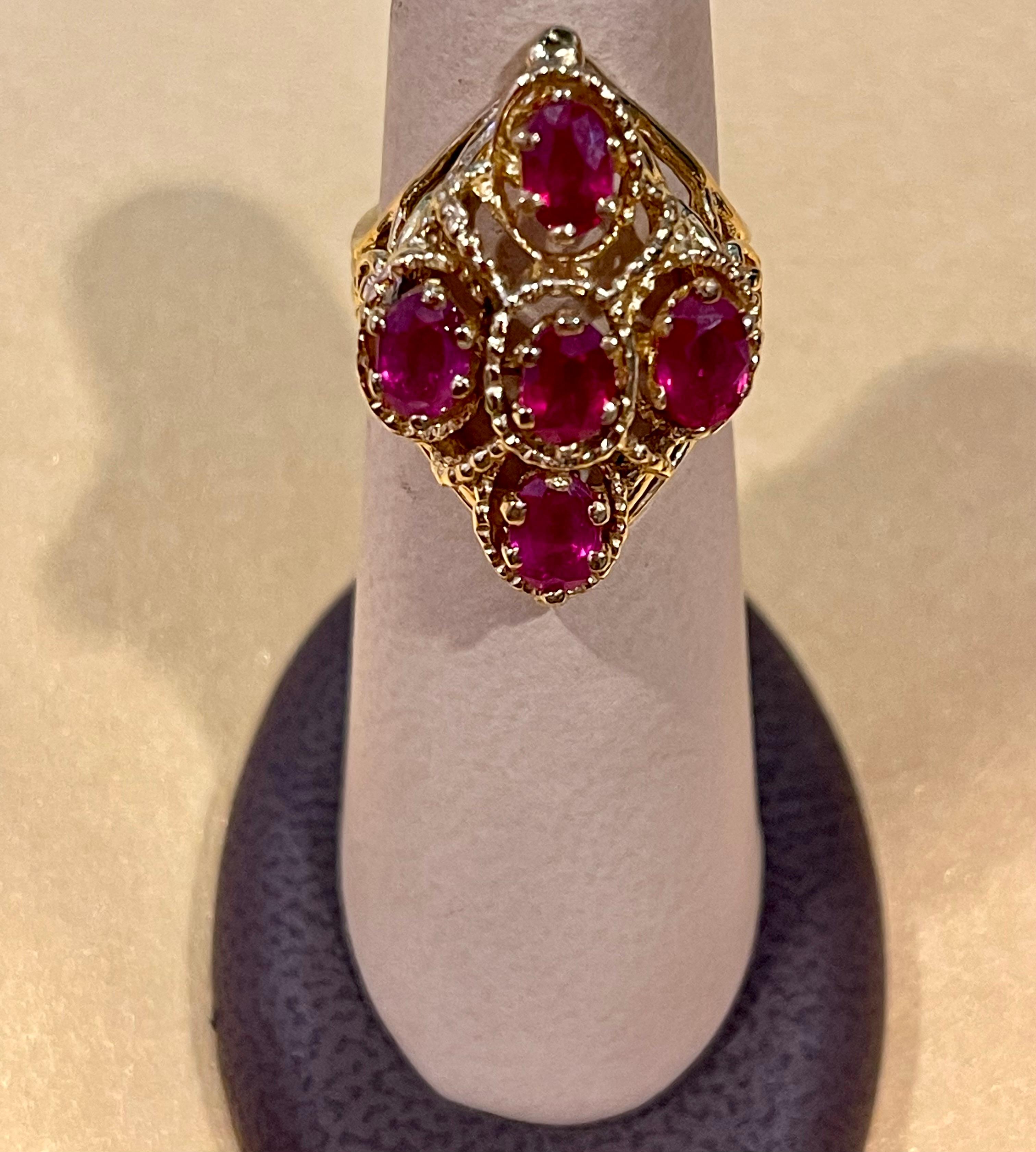 Oval Cut Treated Rubies 5 Ct 14 Karat Yellow Gold Flower Cocktail Ring For Sale 5