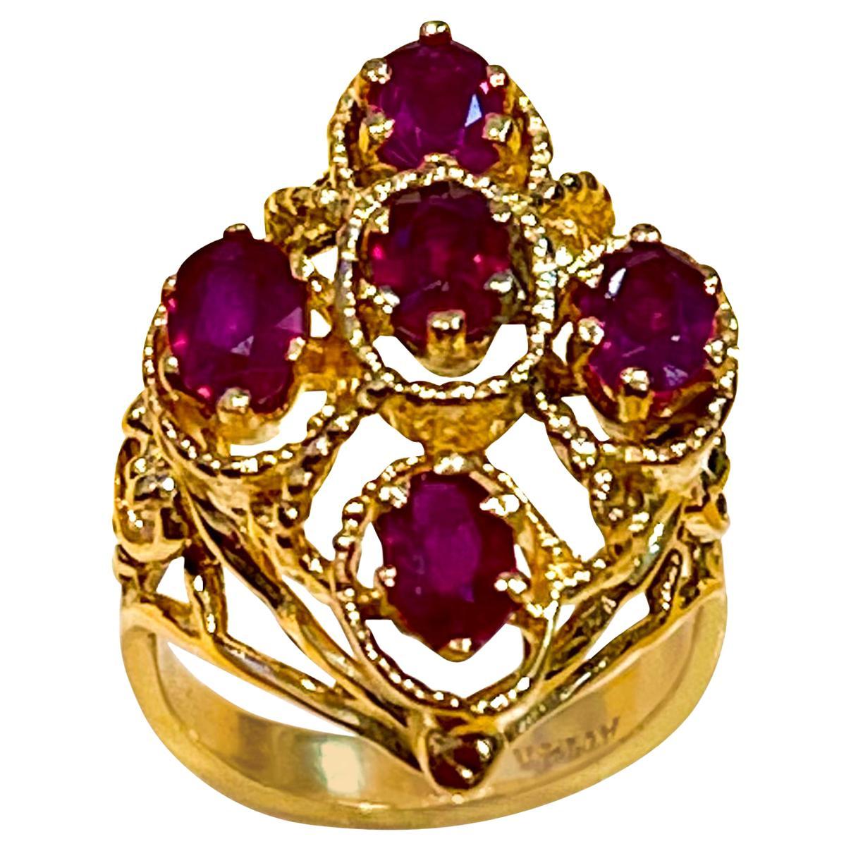 Oval Cut Treated Rubies 5 Ct 14 Karat Yellow Gold Flower Cocktail Ring For Sale