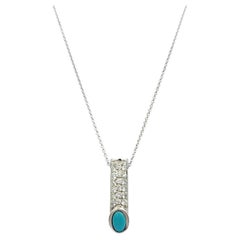 Oval Cut Turquoise & Pavé Diamond Vertical Pendant Necklace 14 Karat White Gold