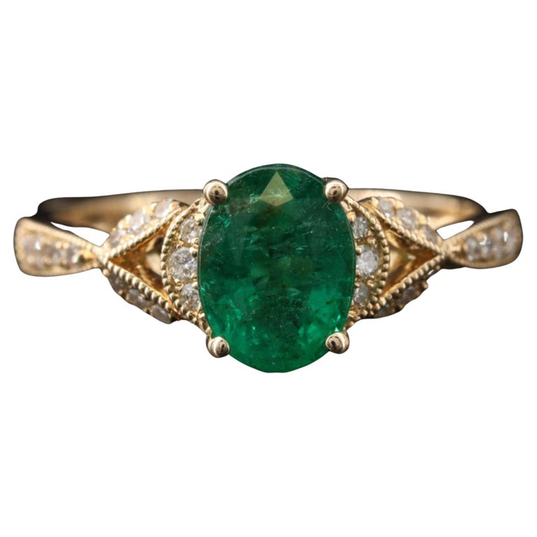 Customizable Oval Cut Unique Emerald Engagement Ring, Antique Half