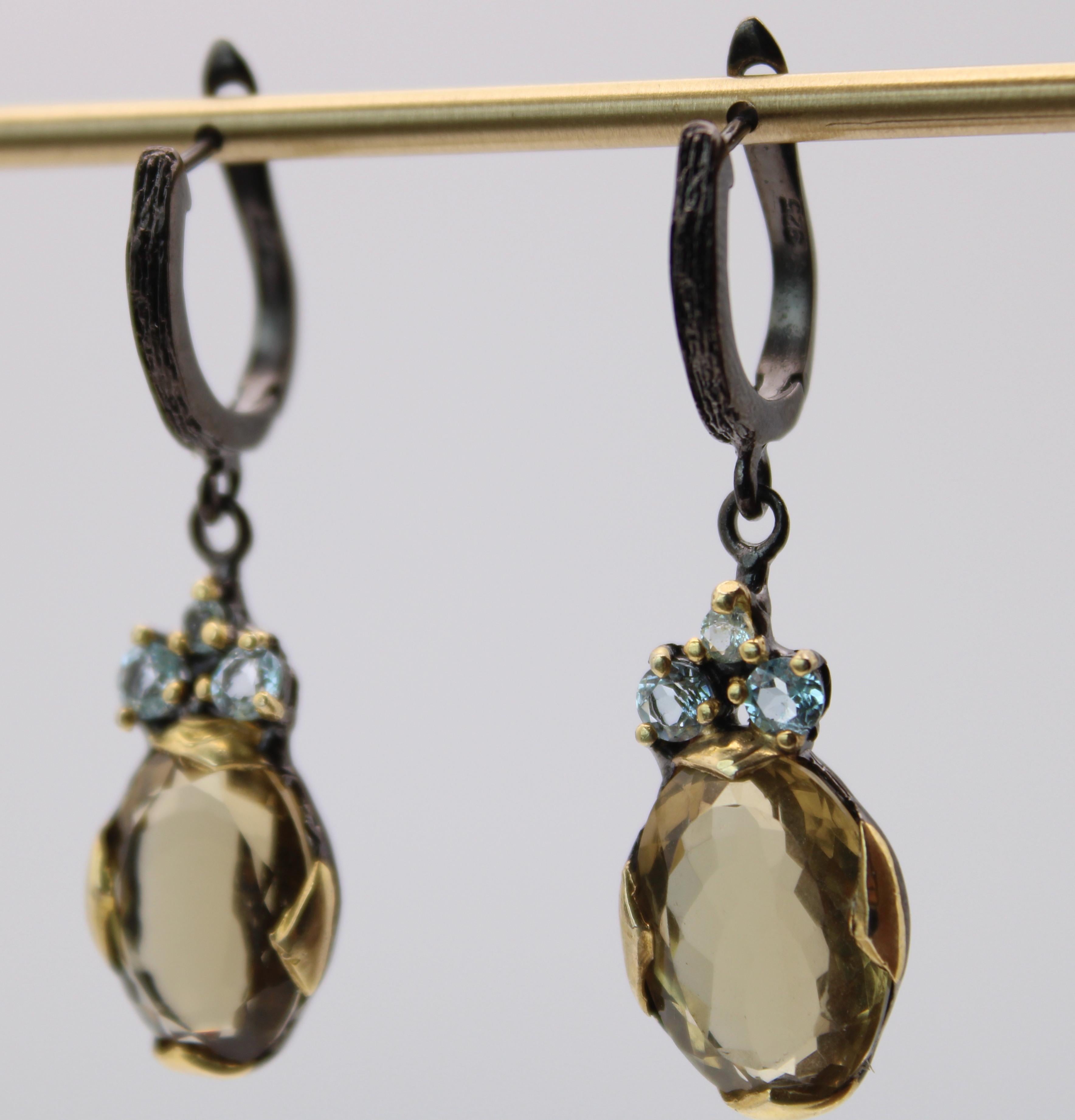 Oval Cut Yellow Lemon Quartz and Topaz Dangle Earrings In New Condition For Sale In Amagansett, NY