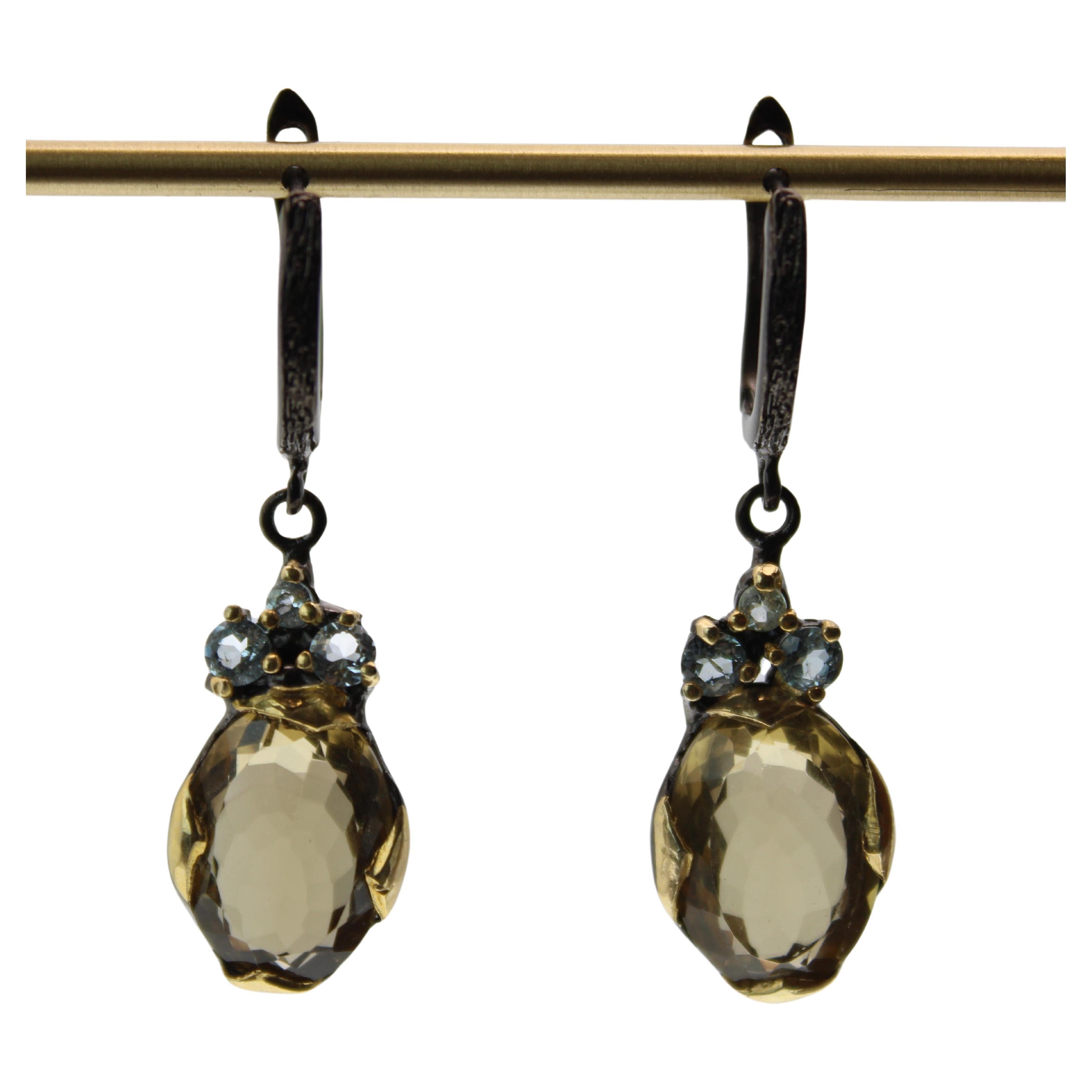 Oval Cut Yellow Lemon Quartz and Topaz Dangle Earrings For Sale