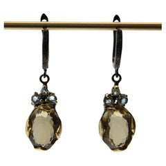 Oval Cut Yellow Lemon Quartz and Topaz Dangle Earrings