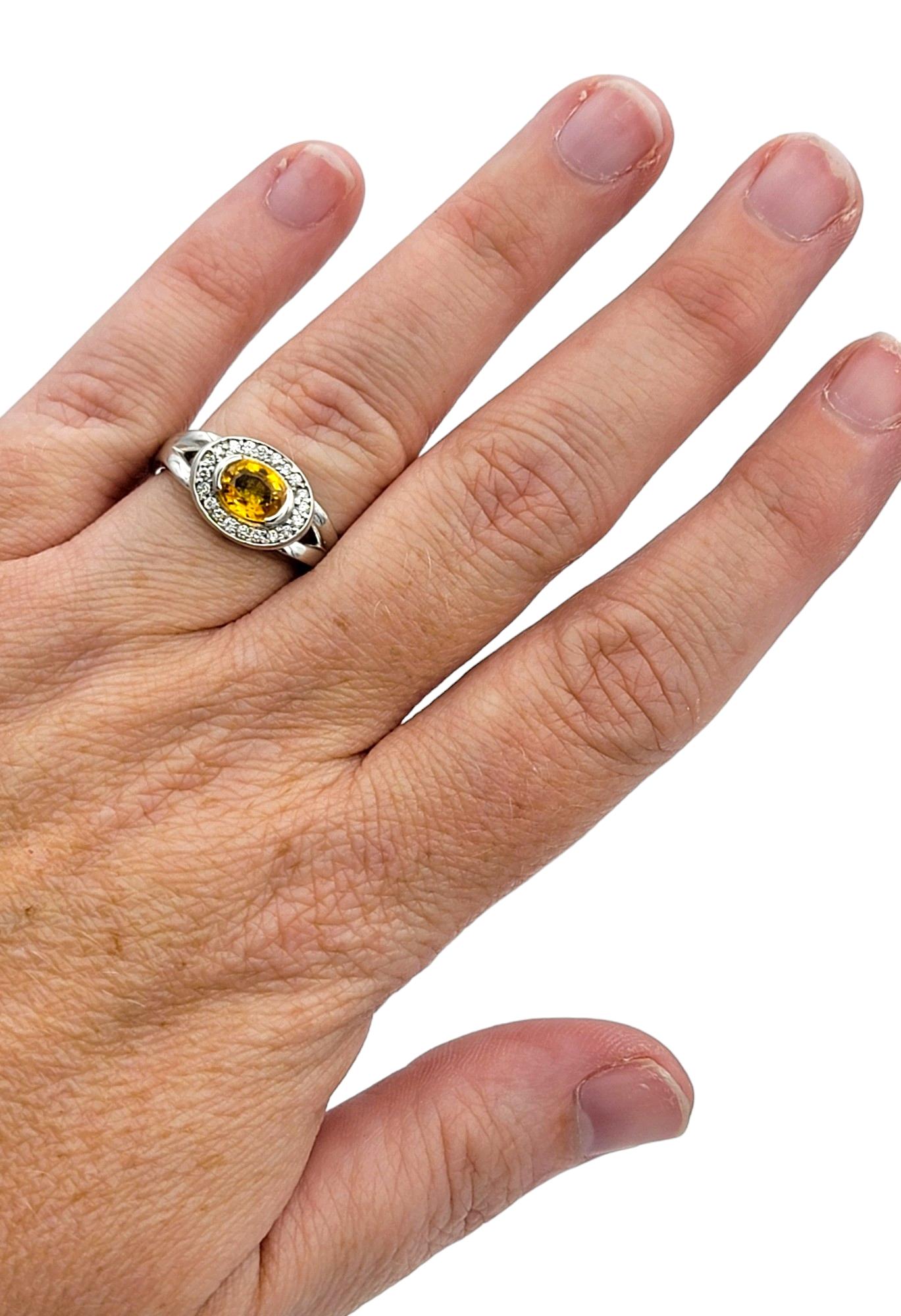 Oval Cut Yellow Sapphire and Diamond Halo Squared Band Ring in 14 Karat Gold For Sale 3