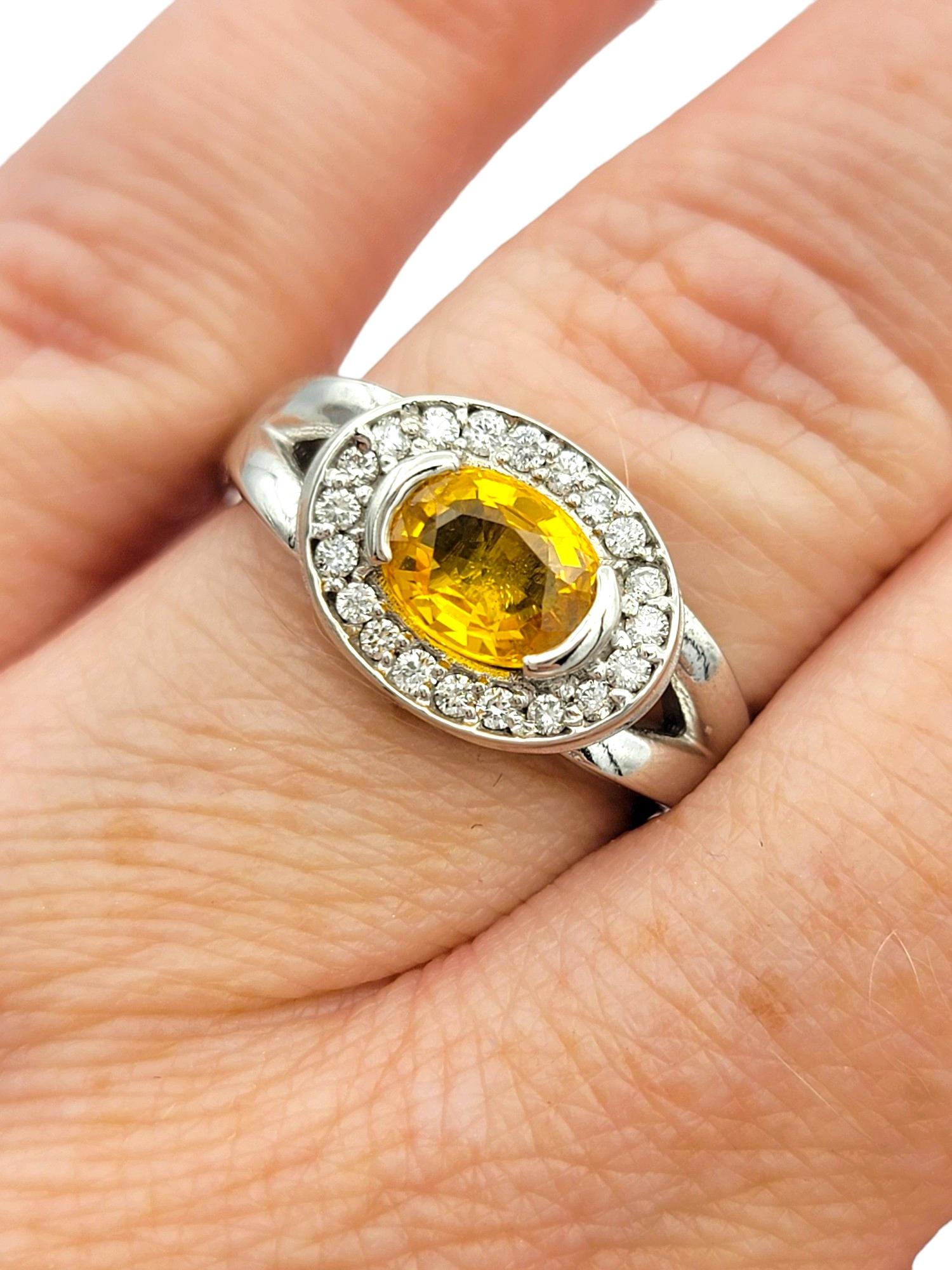 Oval Cut Yellow Sapphire and Diamond Halo Squared Band Ring in 14 Karat Gold For Sale 4