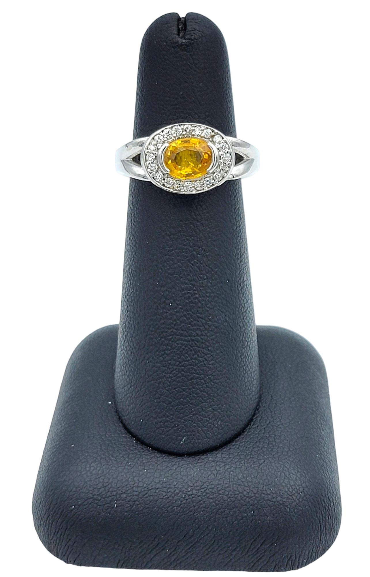 Oval Cut Yellow Sapphire and Diamond Halo Squared Band Ring in 14 Karat Gold For Sale 5