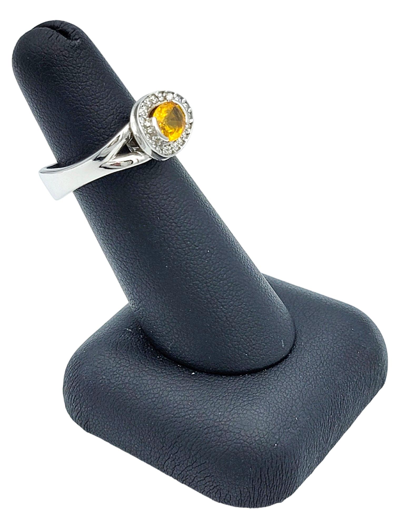 Oval Cut Yellow Sapphire and Diamond Halo Squared Band Ring in 14 Karat Gold For Sale 6