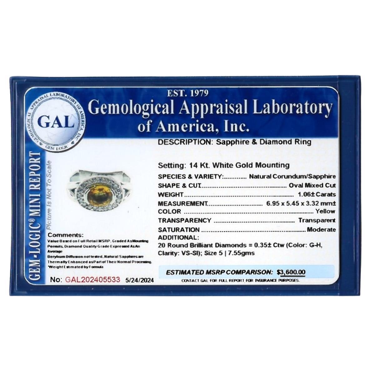 Oval Cut Yellow Sapphire and Diamond Halo Squared Band Ring in 14 Karat Gold For Sale 7