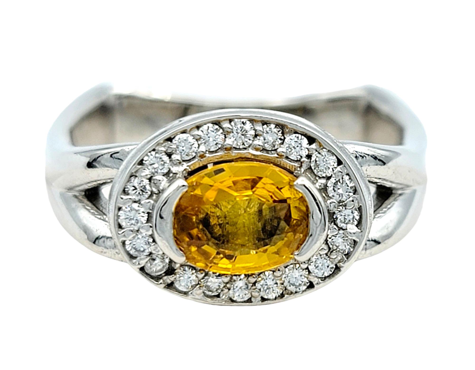 Oval Cut Yellow Sapphire and Diamond Halo Squared Band Ring in 14 Karat Gold