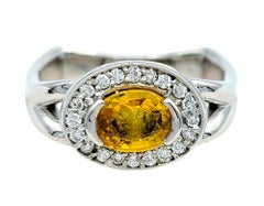 Oval Cut Yellow Sapphire and Diamond Halo Squared Band Ring in 14 Karat Gold