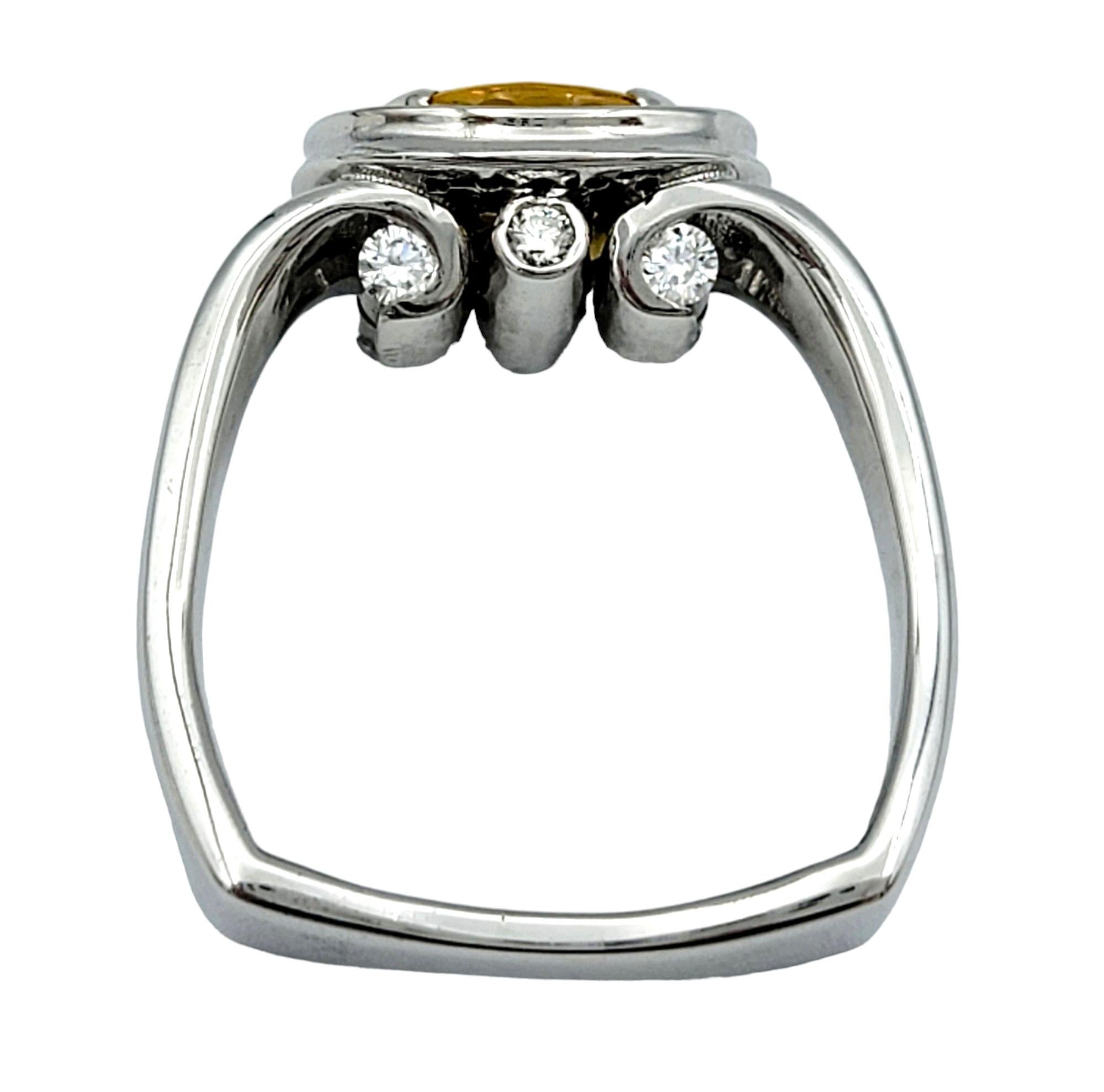 Women's Oval Cut Yellow Sapphire and Diamond Halo Squared Band Ring in 14 Karat Gold For Sale