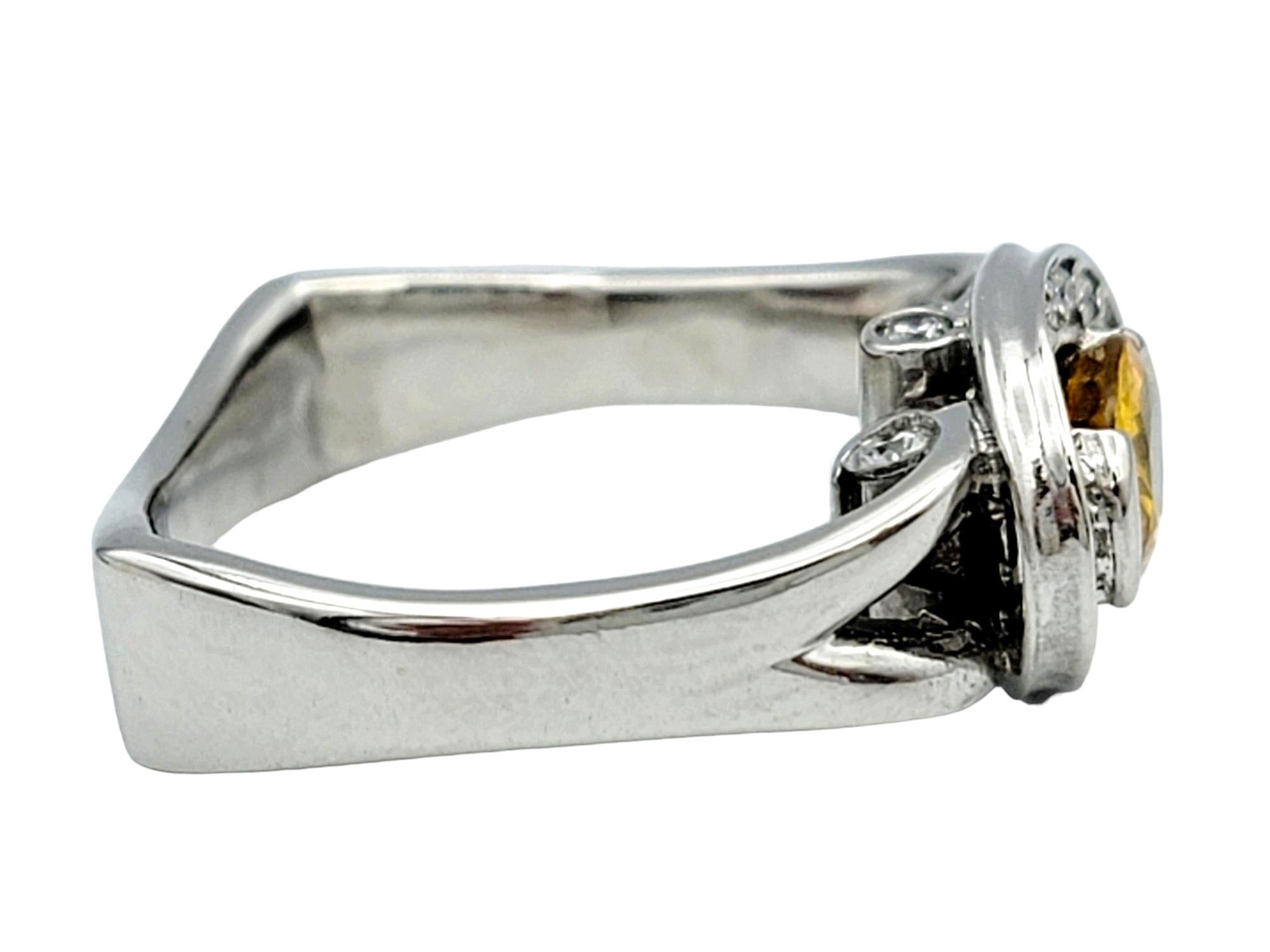 Oval Cut Yellow Sapphire and Diamond Halo Squared Band Ring in 14 Karat Gold For Sale 1