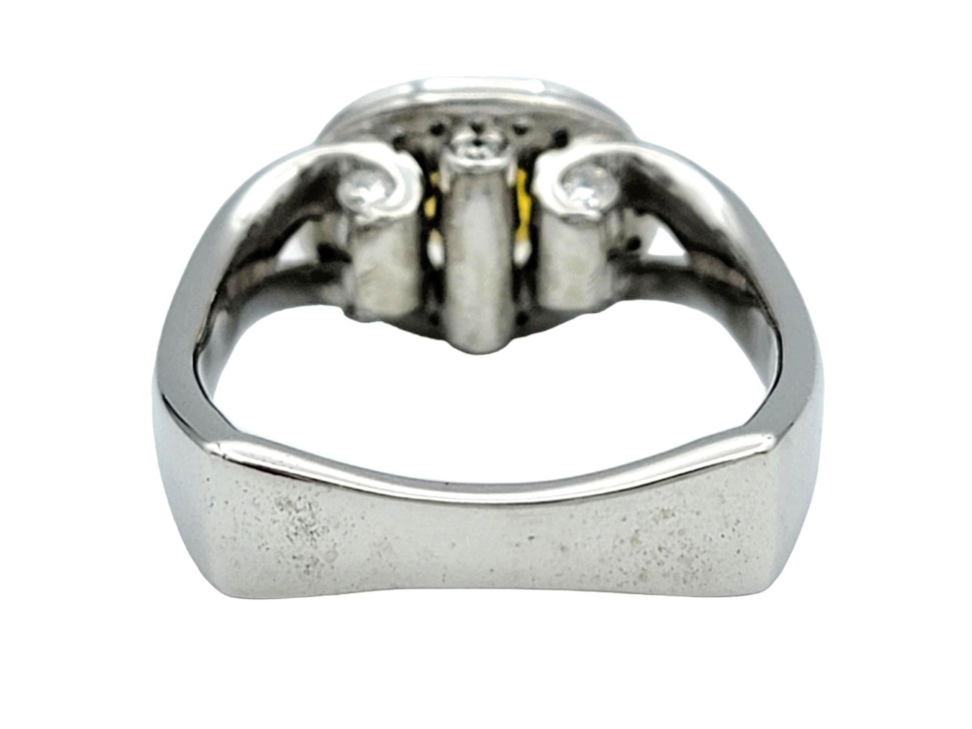 Oval Cut Yellow Sapphire and Diamond Halo Squared Band Ring in 14 Karat Gold For Sale 2