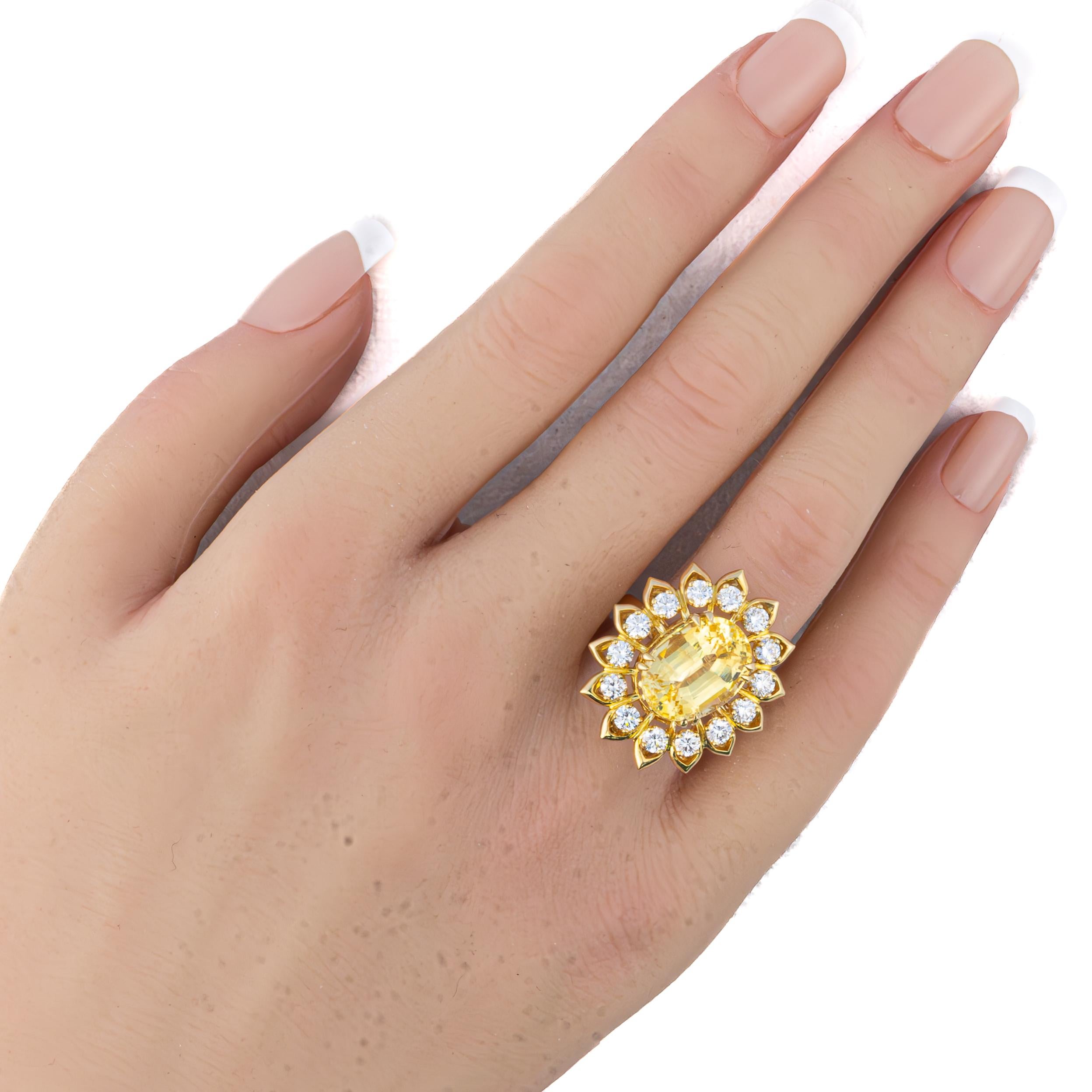 Retro Oval Cut Yellow Sapphire & Diamond Flower Cocktail Ring For Sale