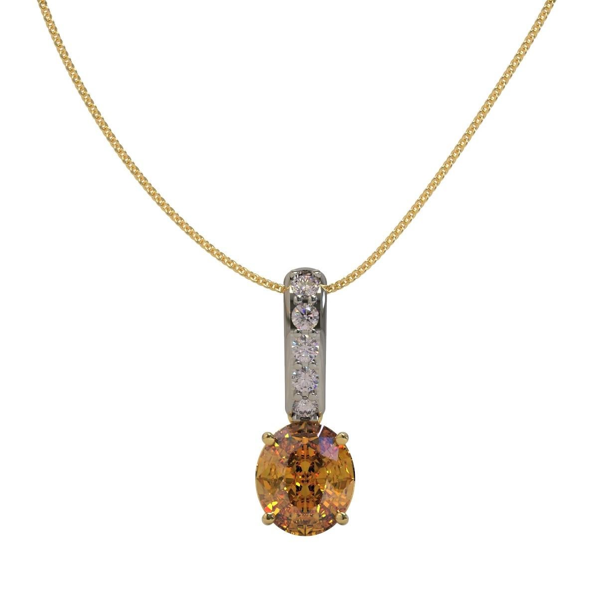 Zircon & Diamante Pendant

This unique handmade 18ct pendant features a beautiful yellow zircon suspended from a diamond set platinum bail. This pendant is suspended from an 18 carat link chain. 
Oval faceted zircon: natural, fancy yellow, 2.14ct   