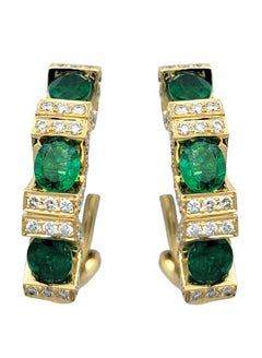 Oval Cut Zambian Emerald and Diamond J Hoop Earrings in 18 Karat Yellow Gold