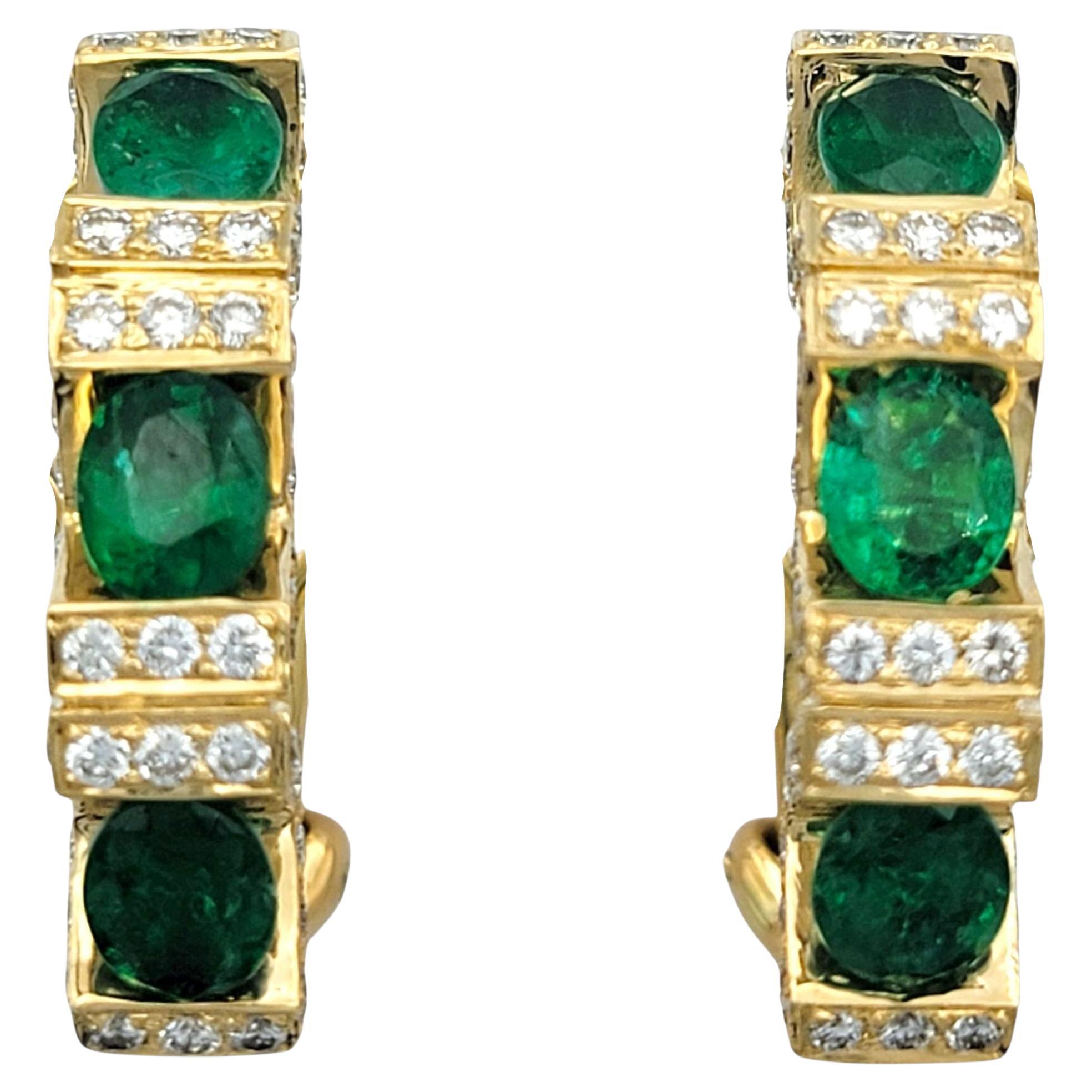 Oval Cut Zambian Emerald and Diamond J Hoop Earrings in 18 Karat Yellow Gold