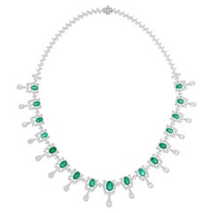 Oval Cut Zambian Emerald Diamond Choker Necklace in 18K White Gold HRD Certified