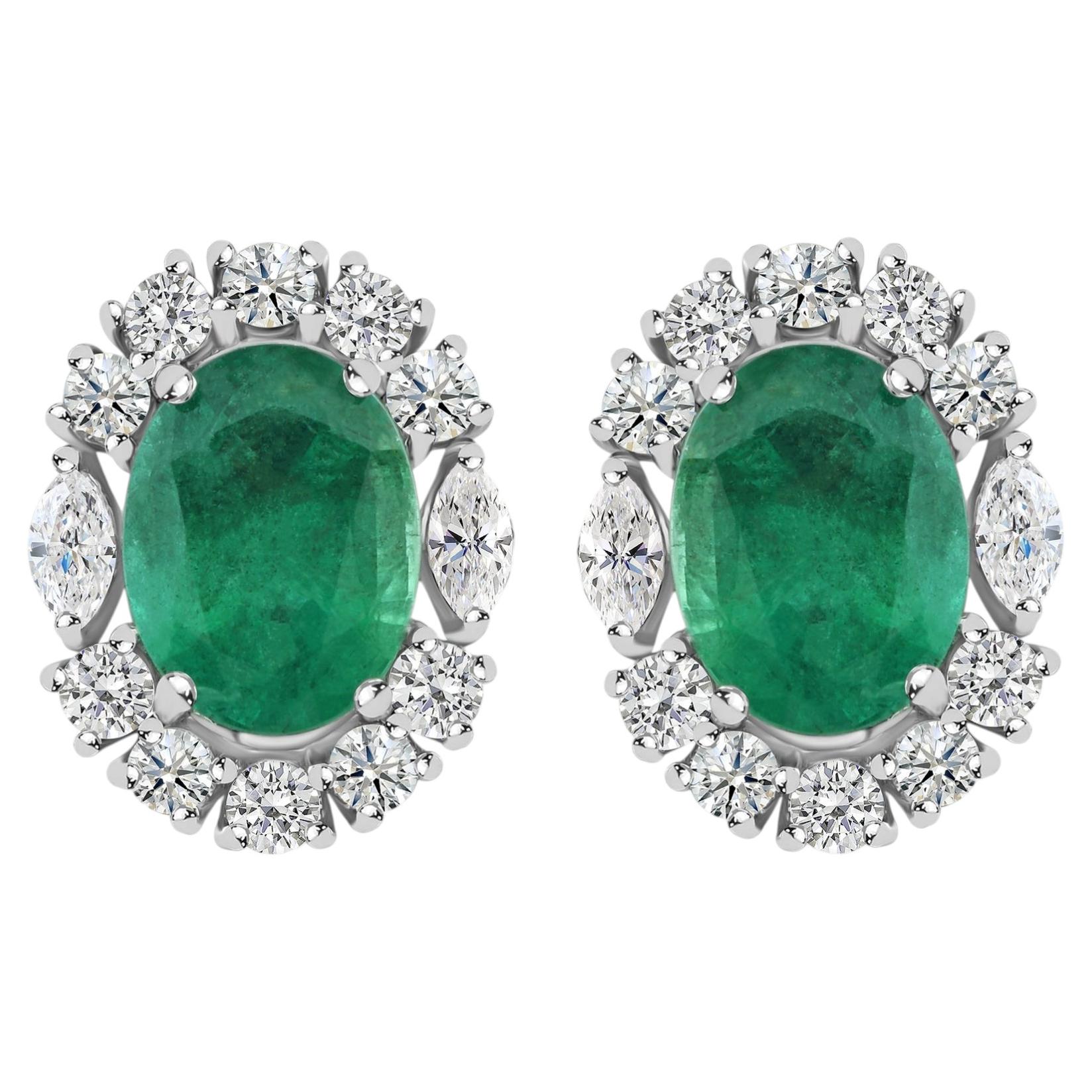 Oval Cut Zambian Emerald Diamond Cluster Stud Earrings Handmade 18K White Gold