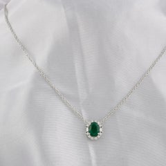 Oval Cut Zambian Emerald Diamond Pendant Necklace Handmade 18K White Gold
