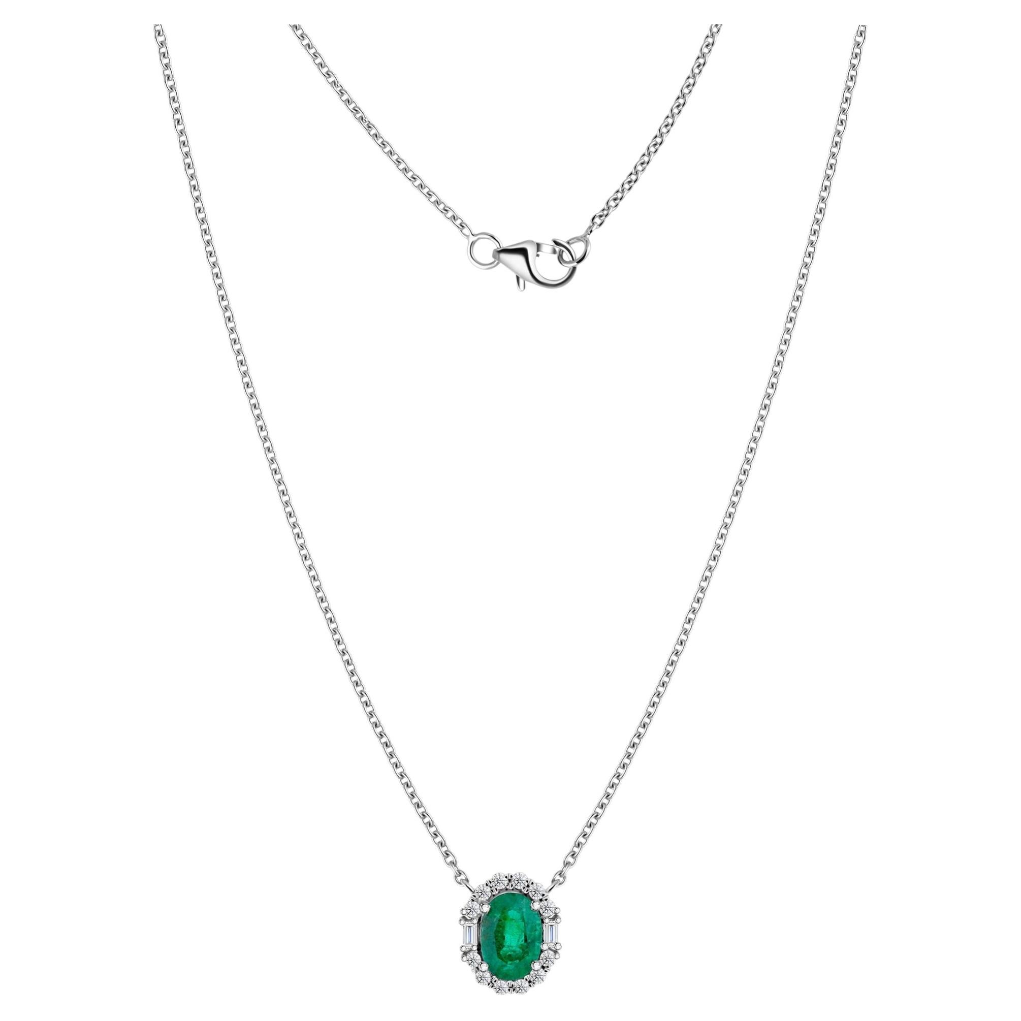 Collier avec pendentif en émeraude de Zambie taille ovale et diamants, fabriqué à la main en or blanc 18 carats