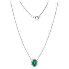 Oval Cut Zambian Emerald Diamond Pendant Necklace Handmade 18K White Gold