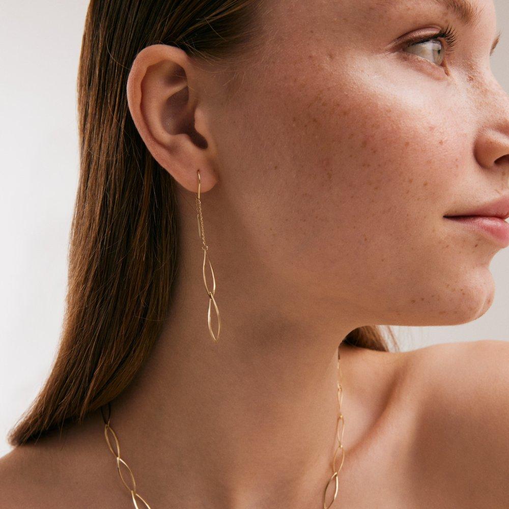 Oval Dangle Threader Earrings in 14K Solid Yellow Gold In New Condition For Sale In New York, NY