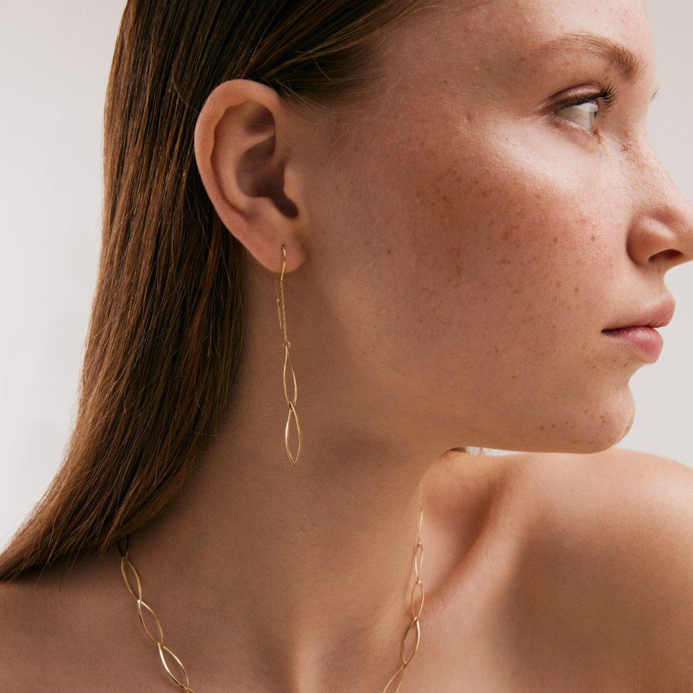 Women's Oval Dangle Threader Earrings in 14K Solid Yellow Gold For Sale