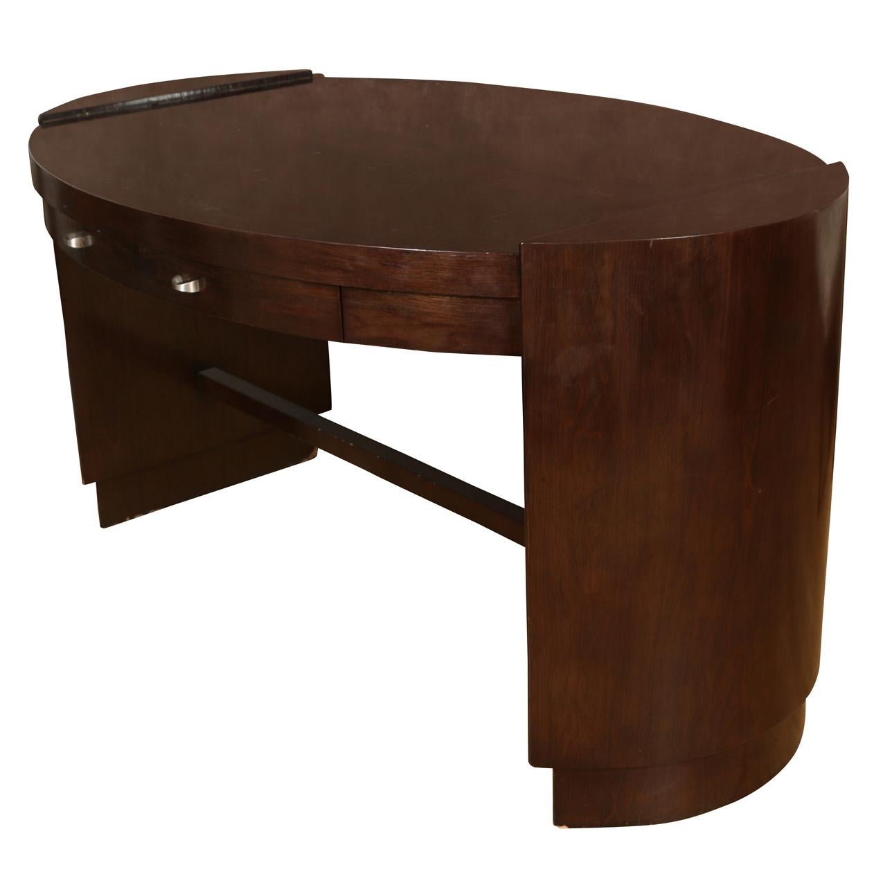 Oval deco style desk by Vaughn Benz with nickel knobs on drawer.