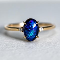 Oval Deep Blue Black Opal Diamond Ring in Solid 14K Yellow Gold