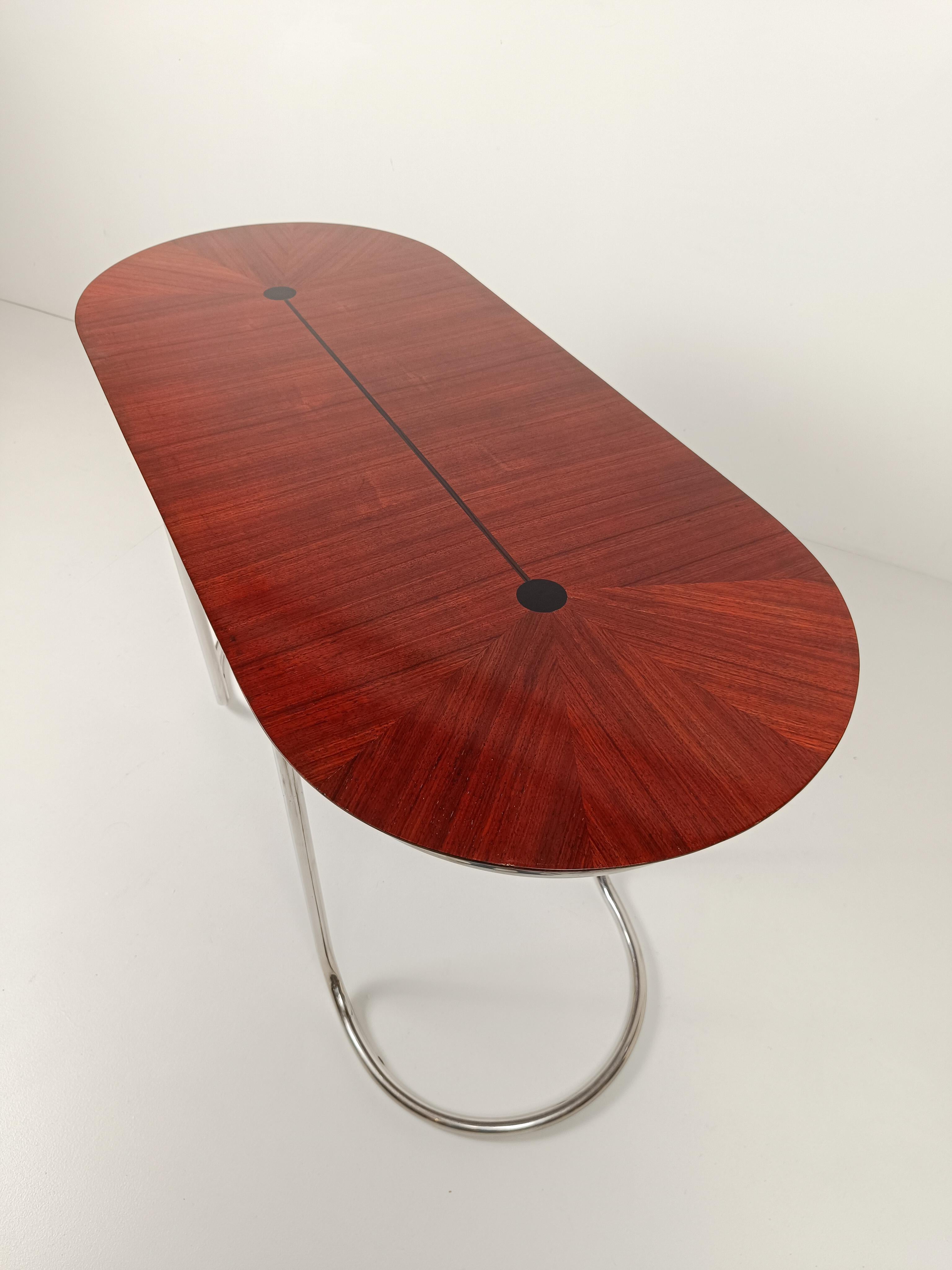 Oval Desk Consolle Table in the style of Giotto Stoppino, Tubular Steel & Wood  For Sale 4