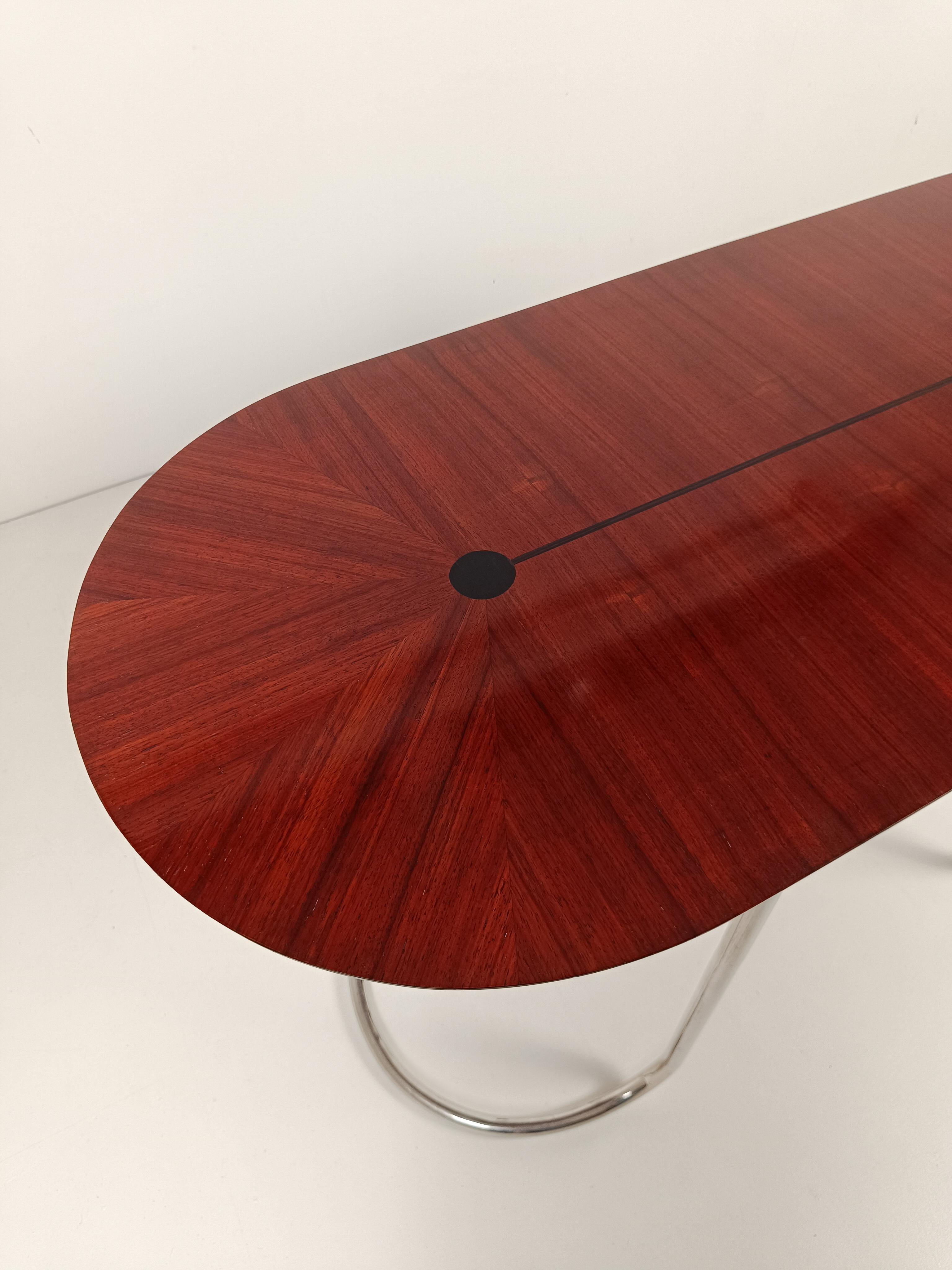 Ovaler Schreibtisch Consolle-Tisch im Stil von Giotto Stoppino, Stahlrohr und Holzrohr  im Angebot 8