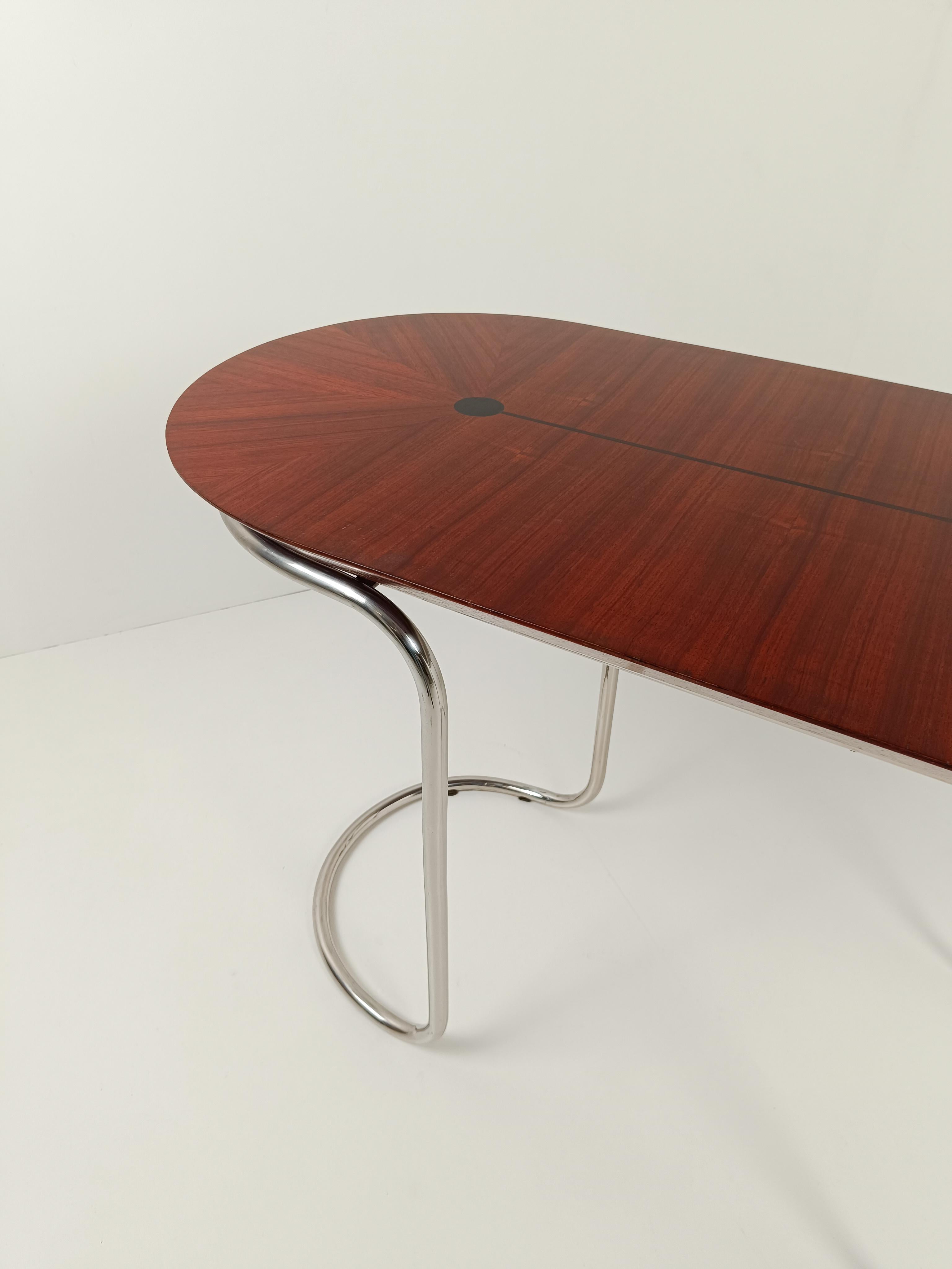 Oval Desk Consolle Table in the style of Giotto Stoppino, Tubular Steel & Wood  For Sale 12