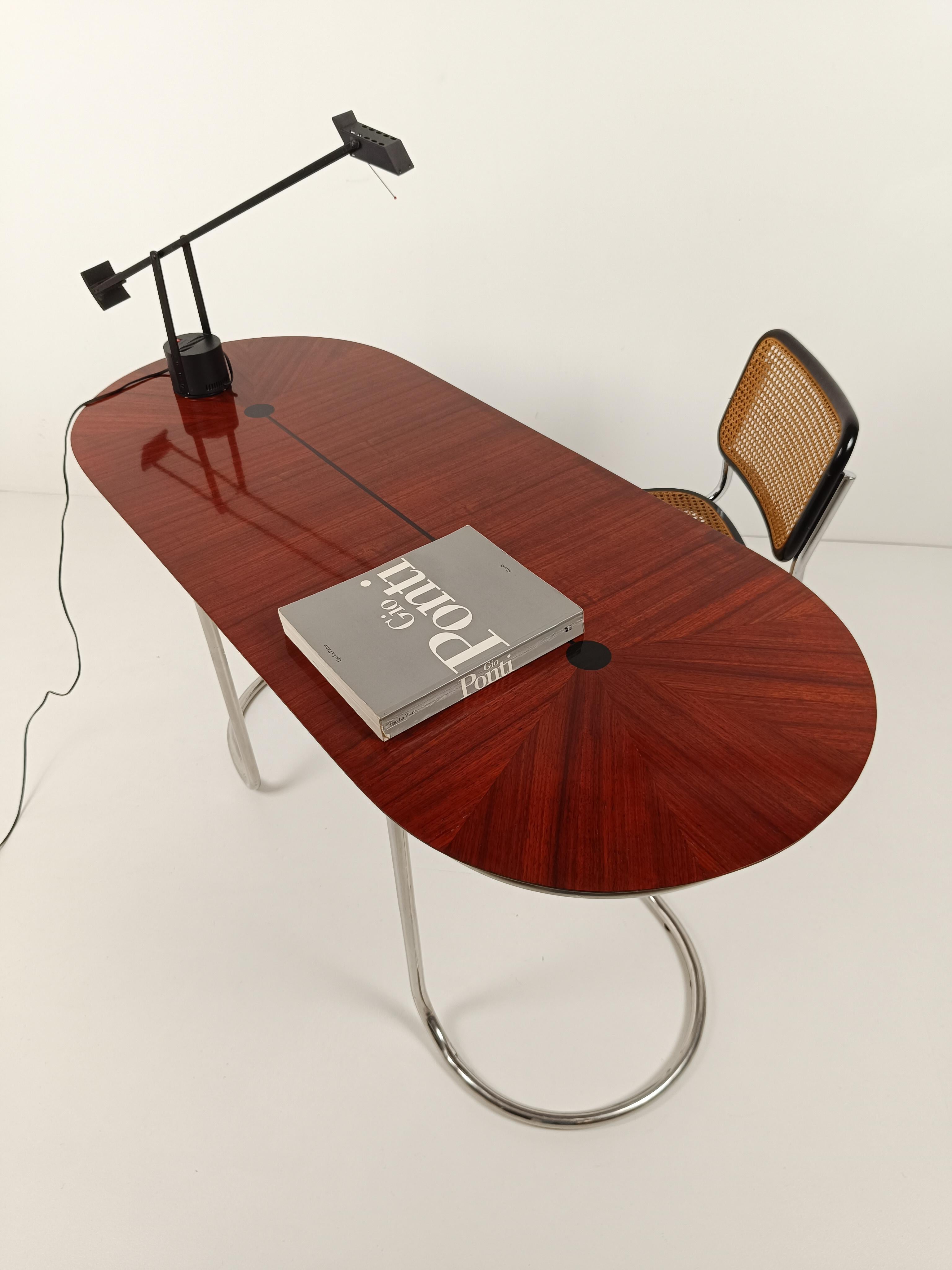 Bauhaus Oval Desk Consolle Table in the style of Giotto Stoppino, Tubular Steel & Wood