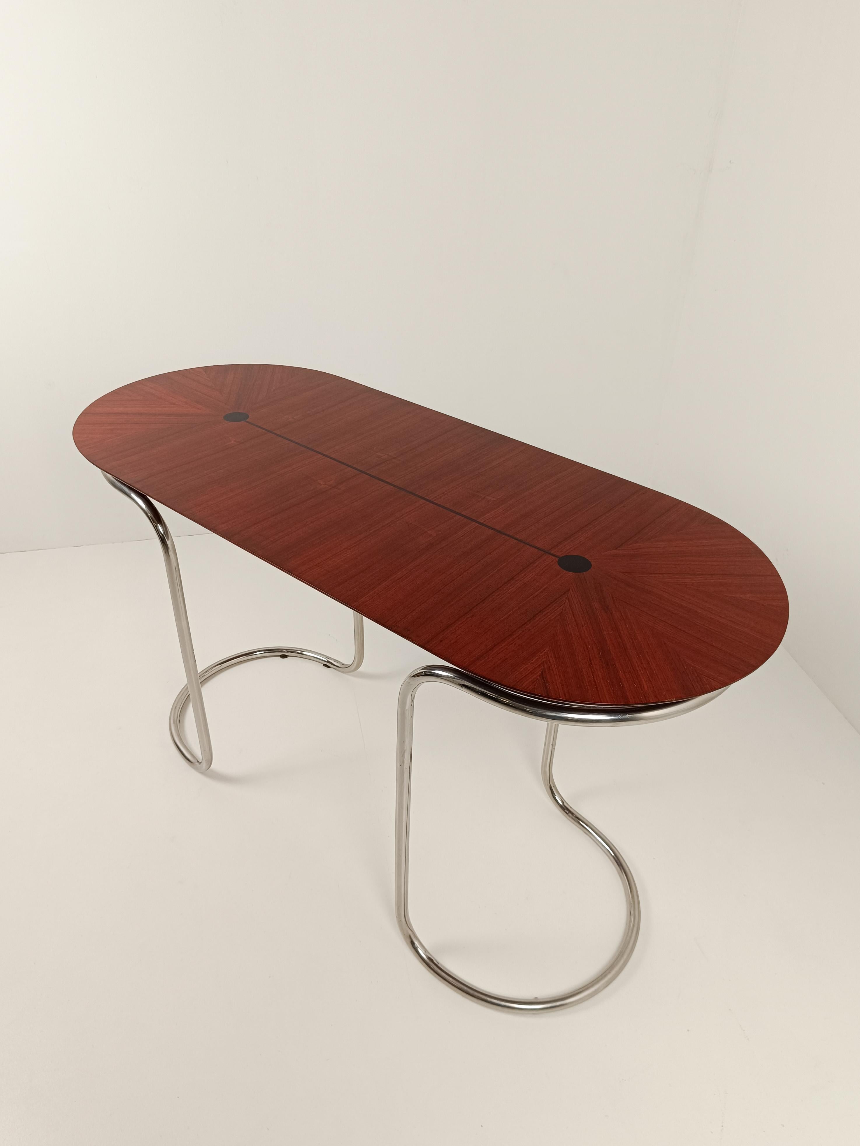 Italian Oval Desk Consolle Table in the style of Giotto Stoppino, Tubular Steel & Wood  For Sale