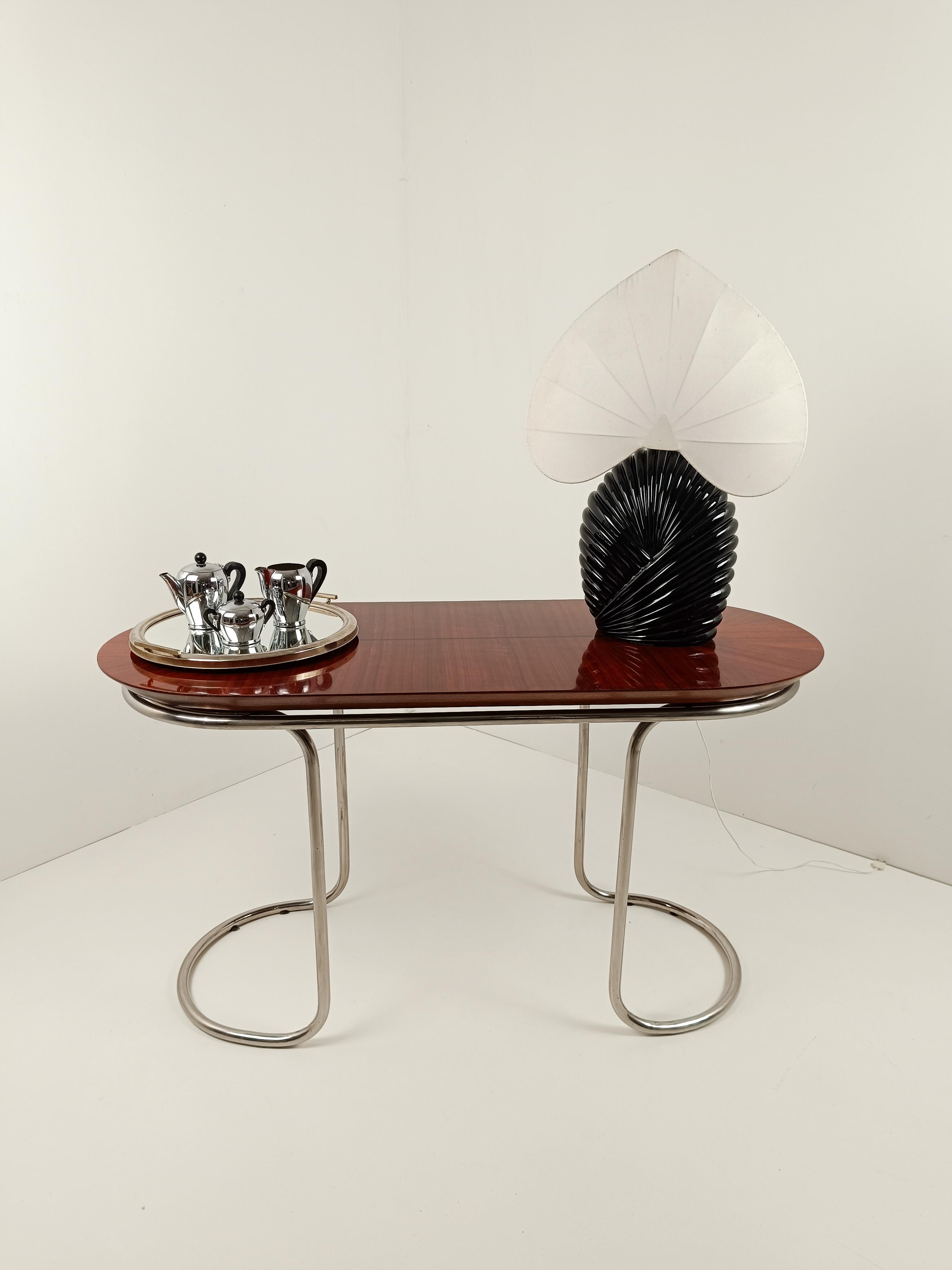 Ovaler Schreibtisch Consolle-Tisch im Stil von Giotto Stoppino, Stahlrohr und Holzrohr  (Marketerie) im Angebot