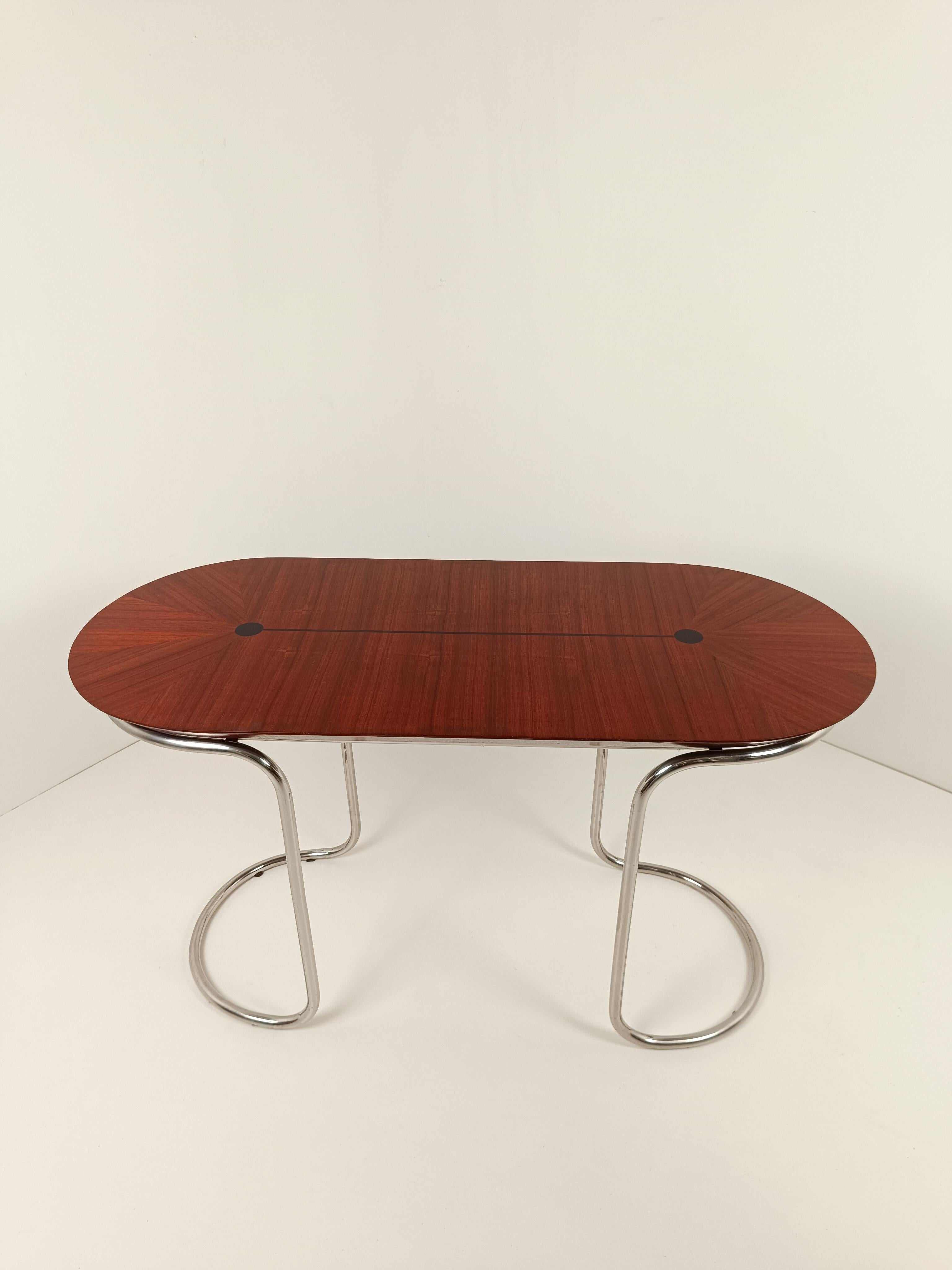Ovaler Schreibtisch Consolle-Tisch im Stil von Giotto Stoppino, Stahlrohr und Holzrohr  im Angebot 1