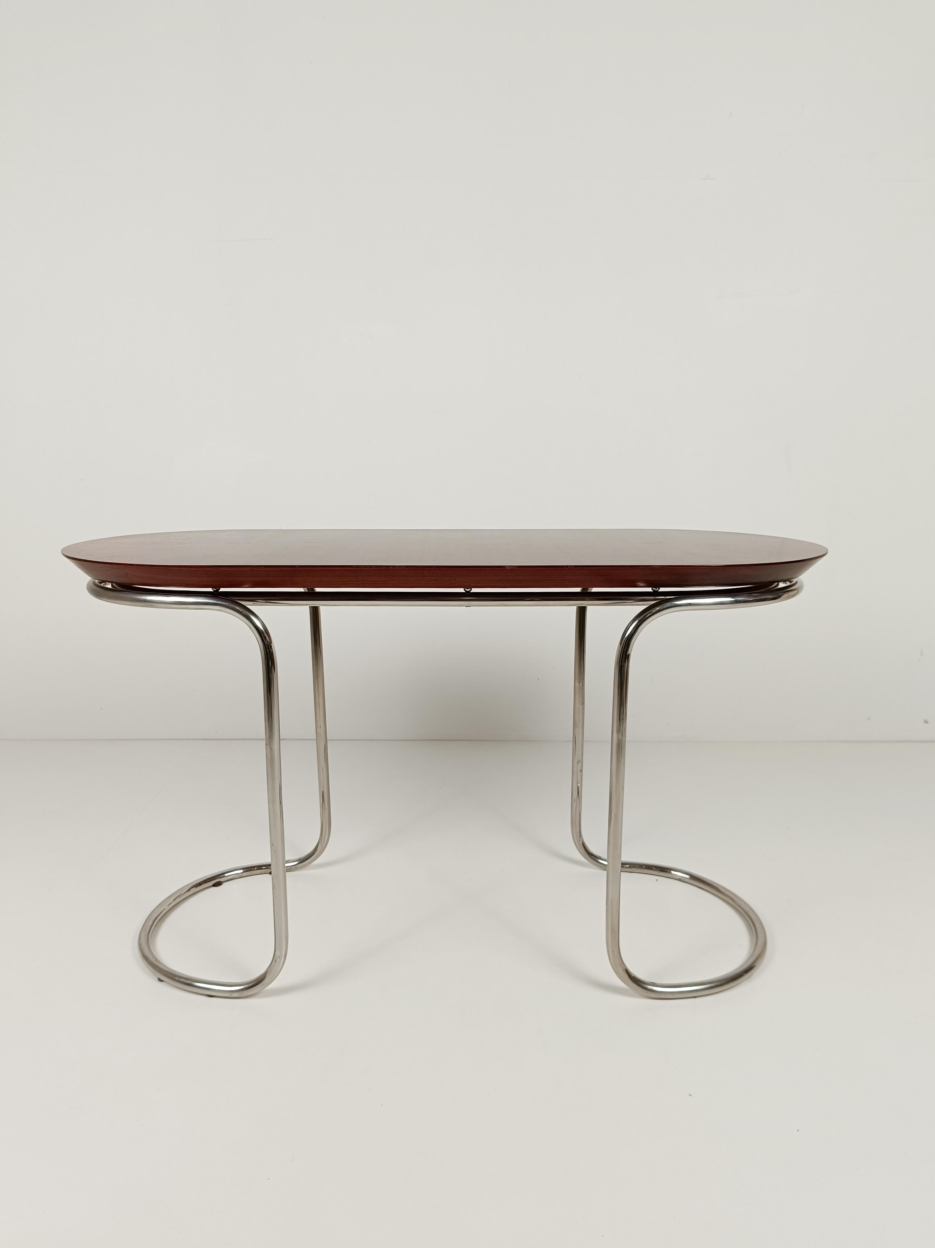 Oval Desk Consolle Table in the style of Giotto Stoppino, Tubular Steel & Wood  For Sale 2
