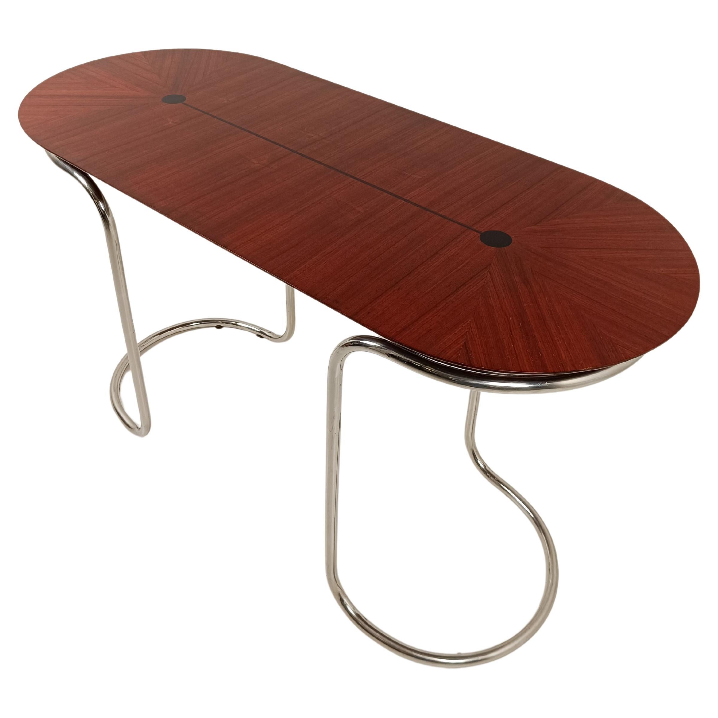 Ovaler Schreibtisch Consolle-Tisch im Stil von Giotto Stoppino, Stahlrohr und Holzrohr  im Angebot