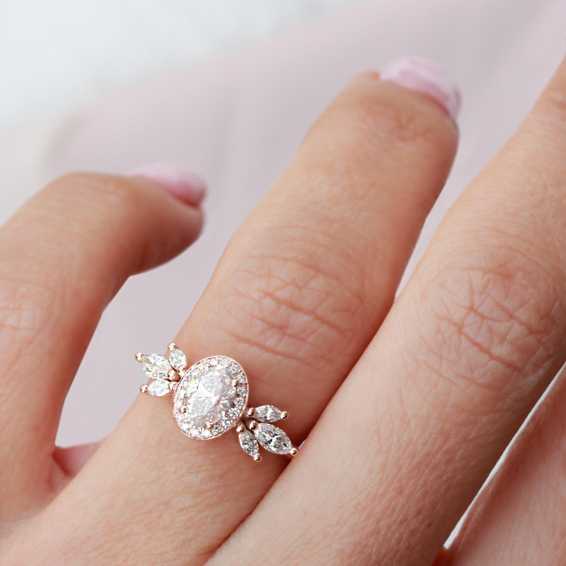 Beautiful & delicate Oval diamond halo unique engagement ring - 