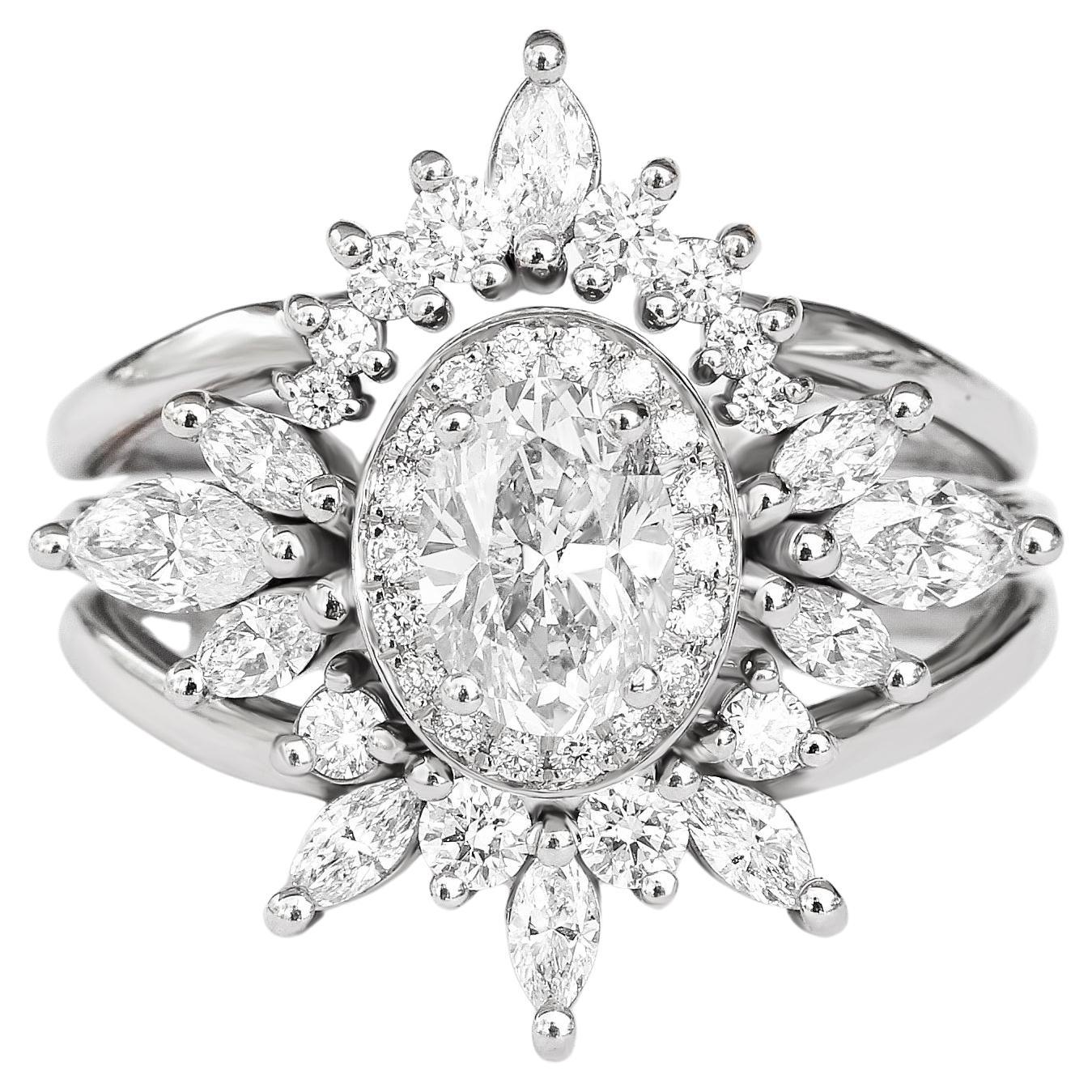 Ovaler Diamant 1,30 Karat Einzigartiger Verlobungsring, „Athena“ und zwei Athena's Crowns