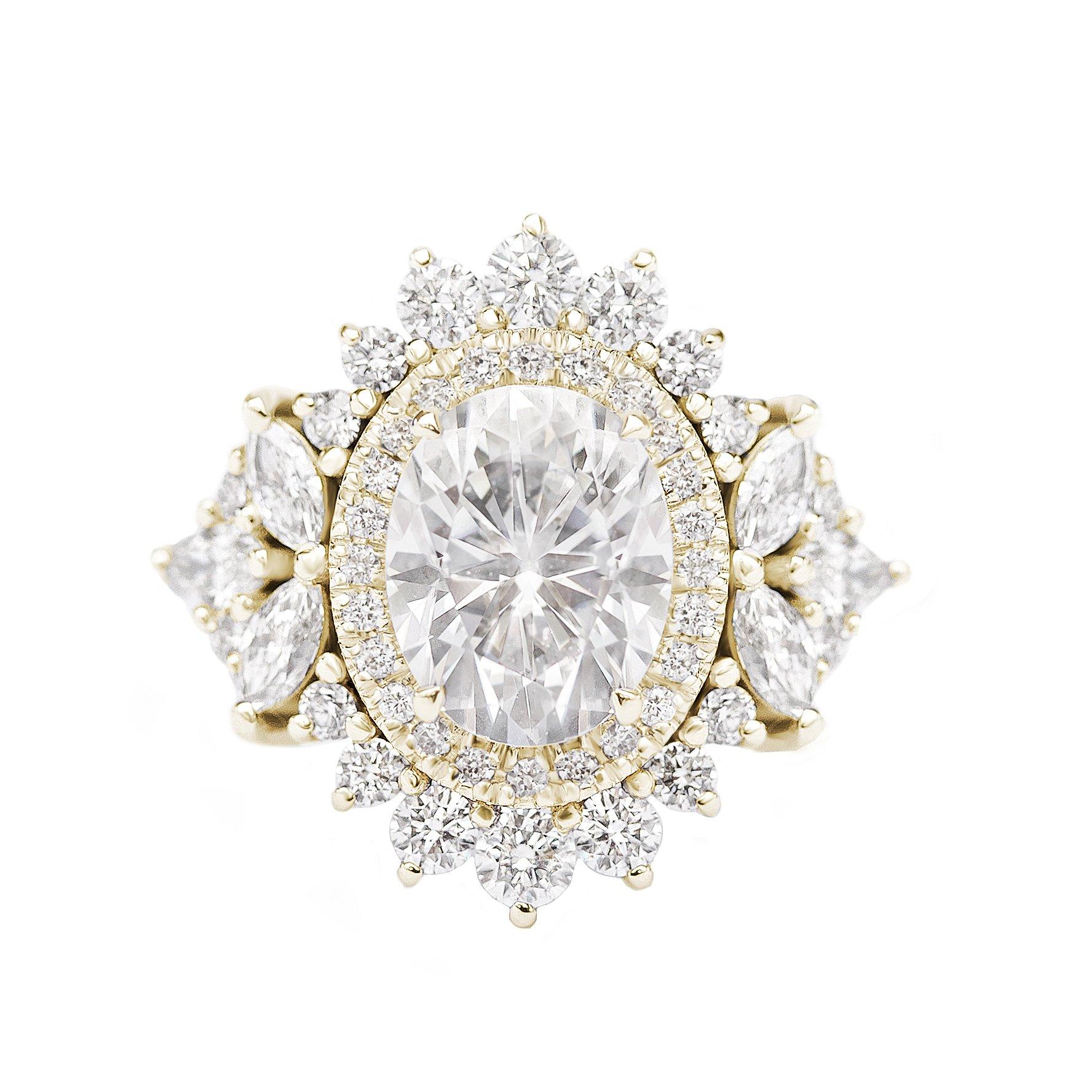 Women's Oval Diamond 1.50 carat Double Halo Art Deco Engagement Three Rings Set, Monaco For Sale