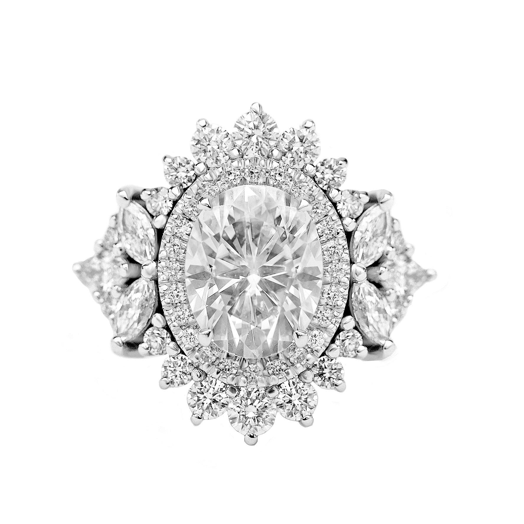 Oval Diamond 1.50 carat Double Halo Art Deco Engagement Three Rings Set, Monaco For Sale 1